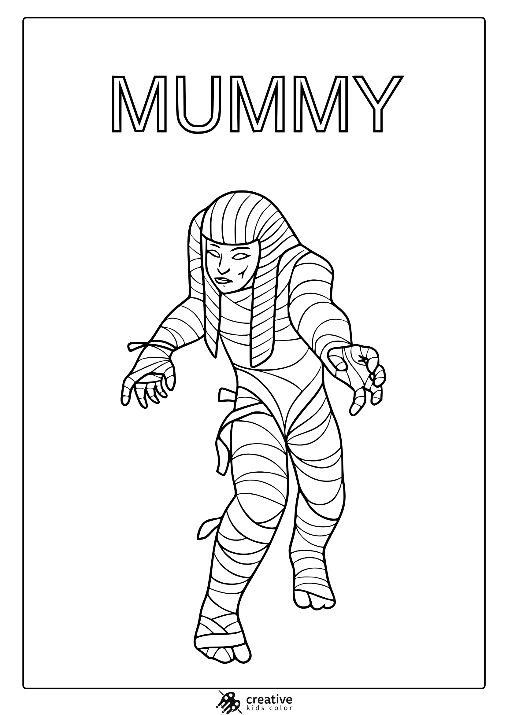 Halloween mummy costume coloring page with wrapped cartoon mummy, Egyptian headdress and bold “MUMMY” text.