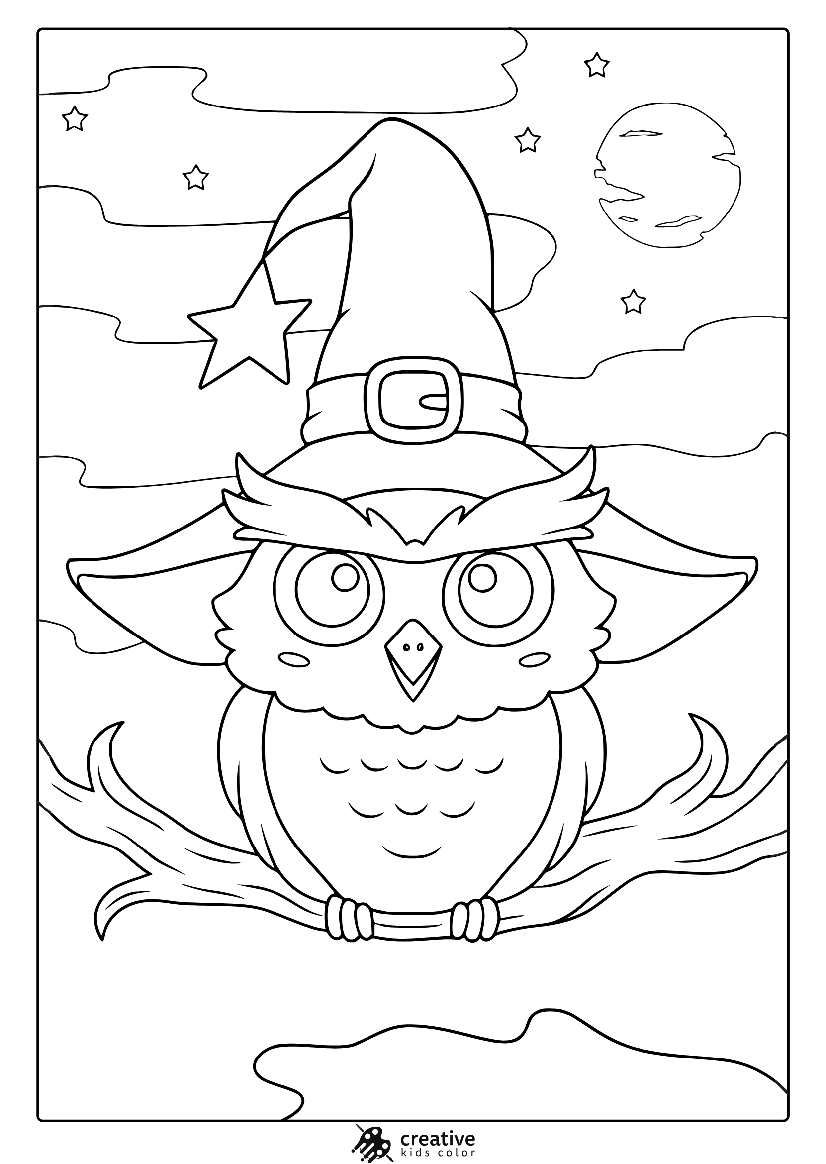 Halloween owl coloring page with cute wizard owl on a branch, star hat, full moon and night sky.
