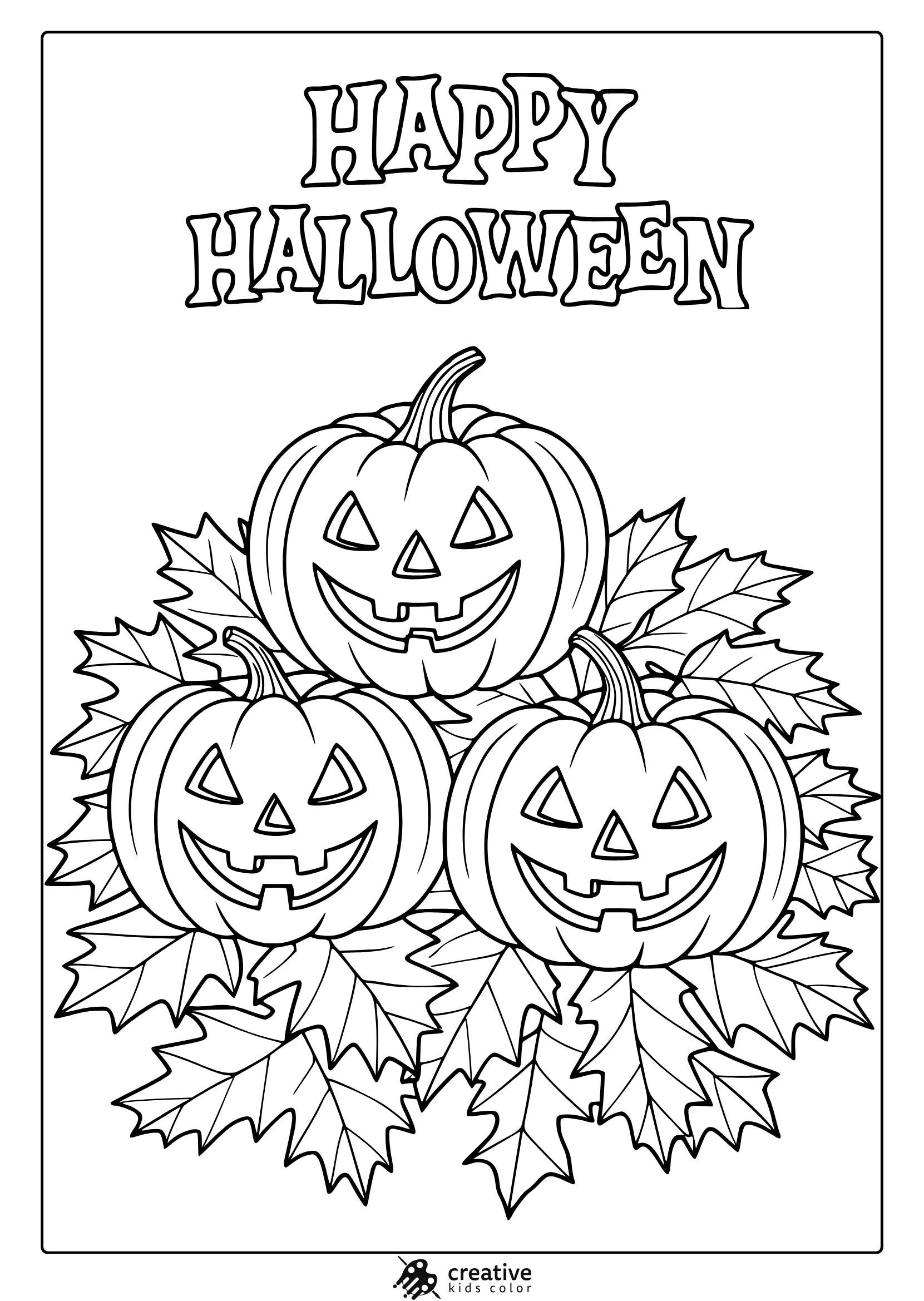 Halloween pumpkins coloring page with three carved pumpkins and maple leaves forming a festive wreath.
