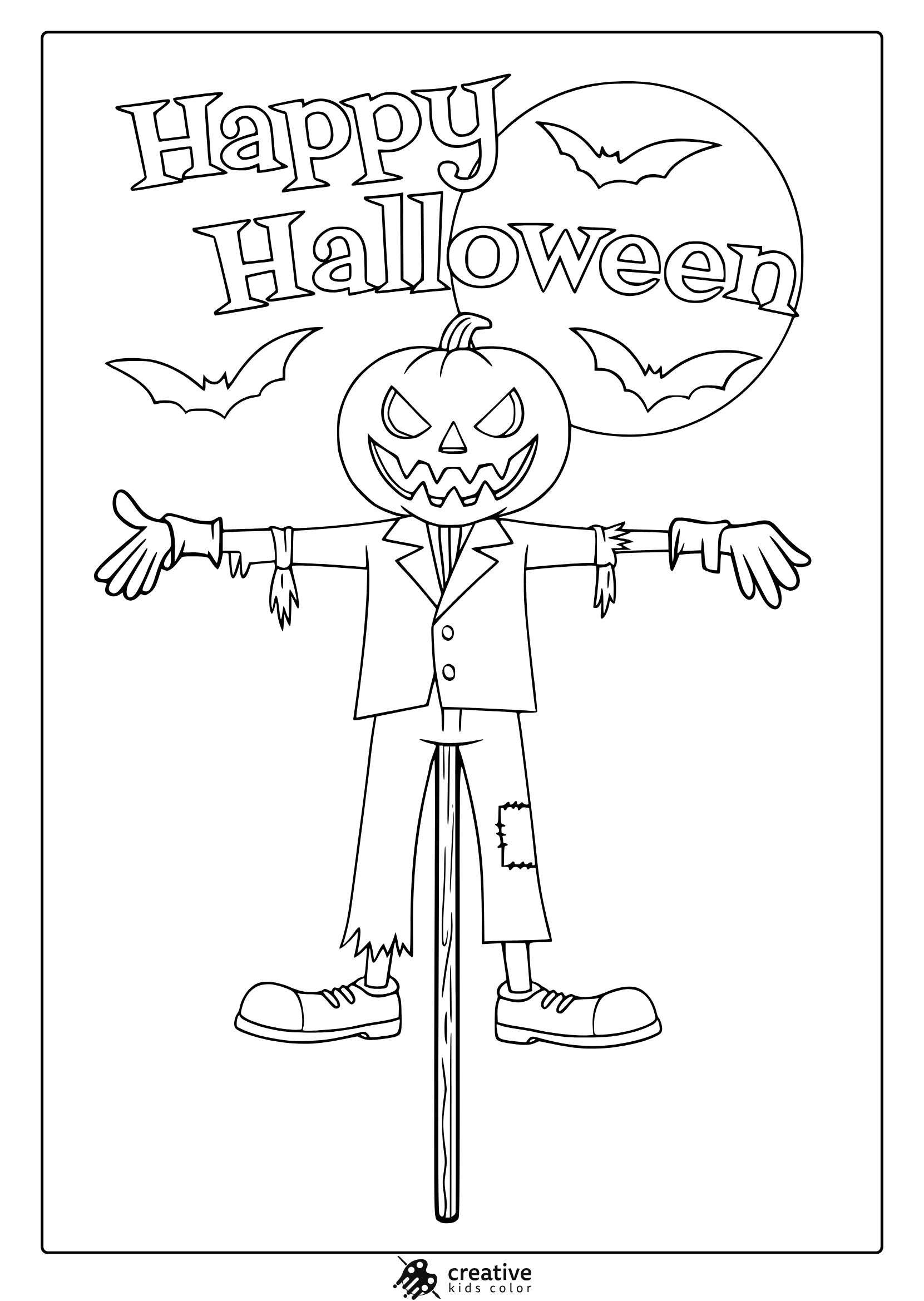 Halloween scarecrow coloring page with pumpkin head scarecrow, bats, banner and festive spooky details.
