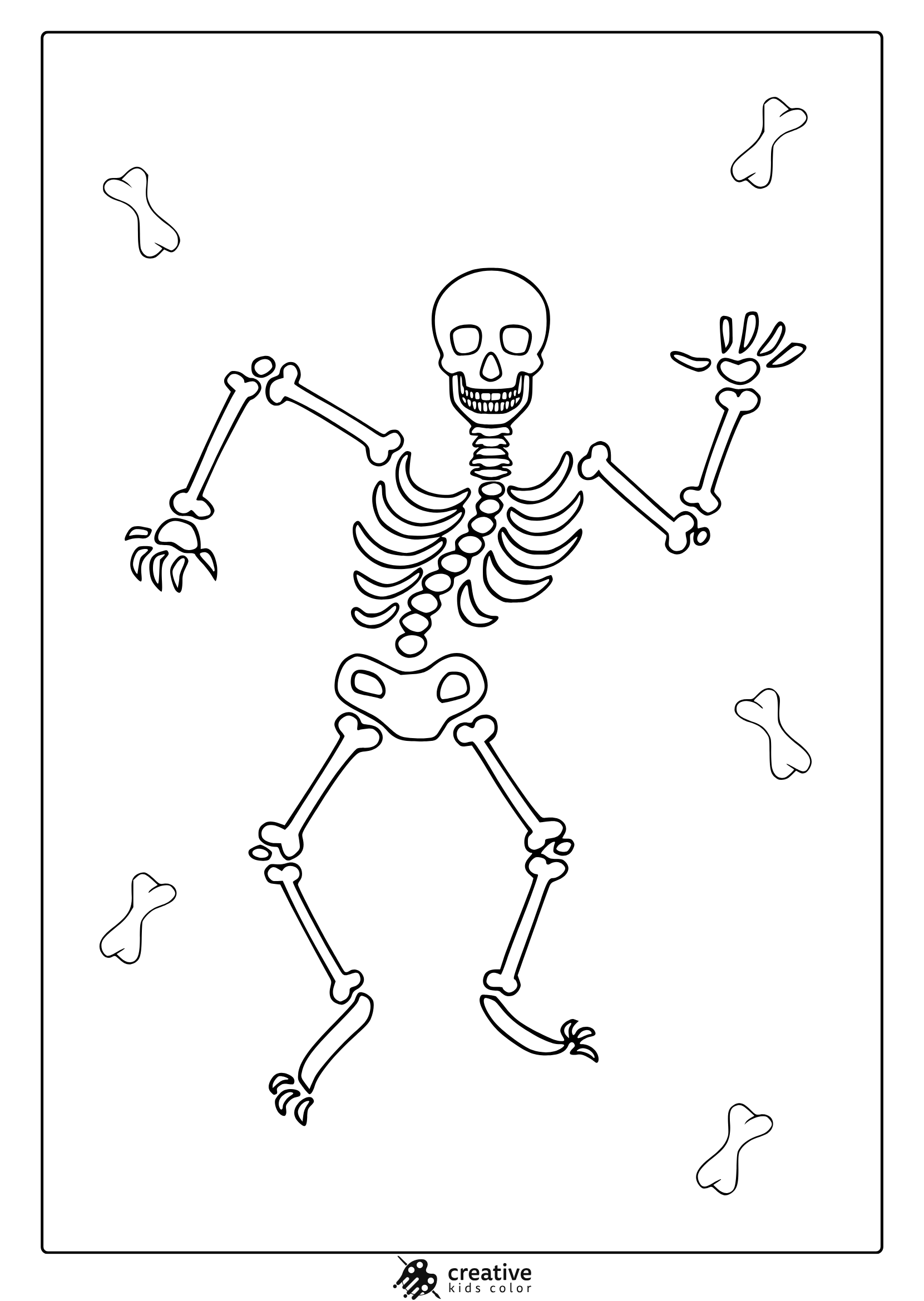 Halloween skeleton coloring page with playful skeleton dancing in a fun cartoon pose.