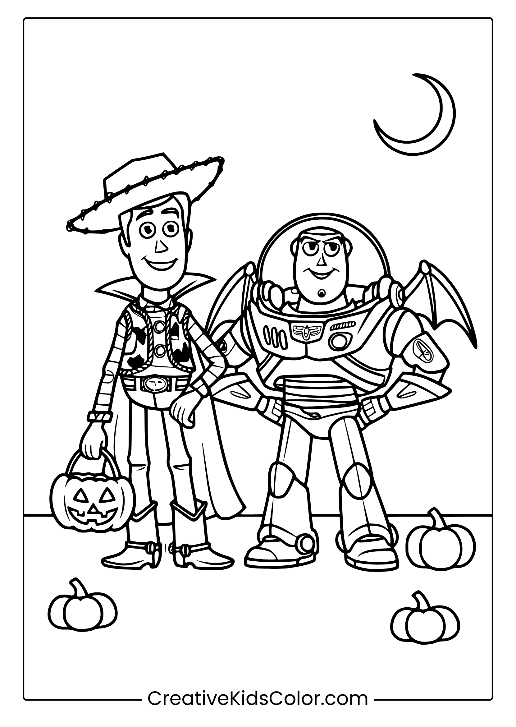 A Halloween Toy Story Coloring Page With Buzz And Woody In Costumes, Standing Outdoors With Pumpkins And A Crescent Moon.