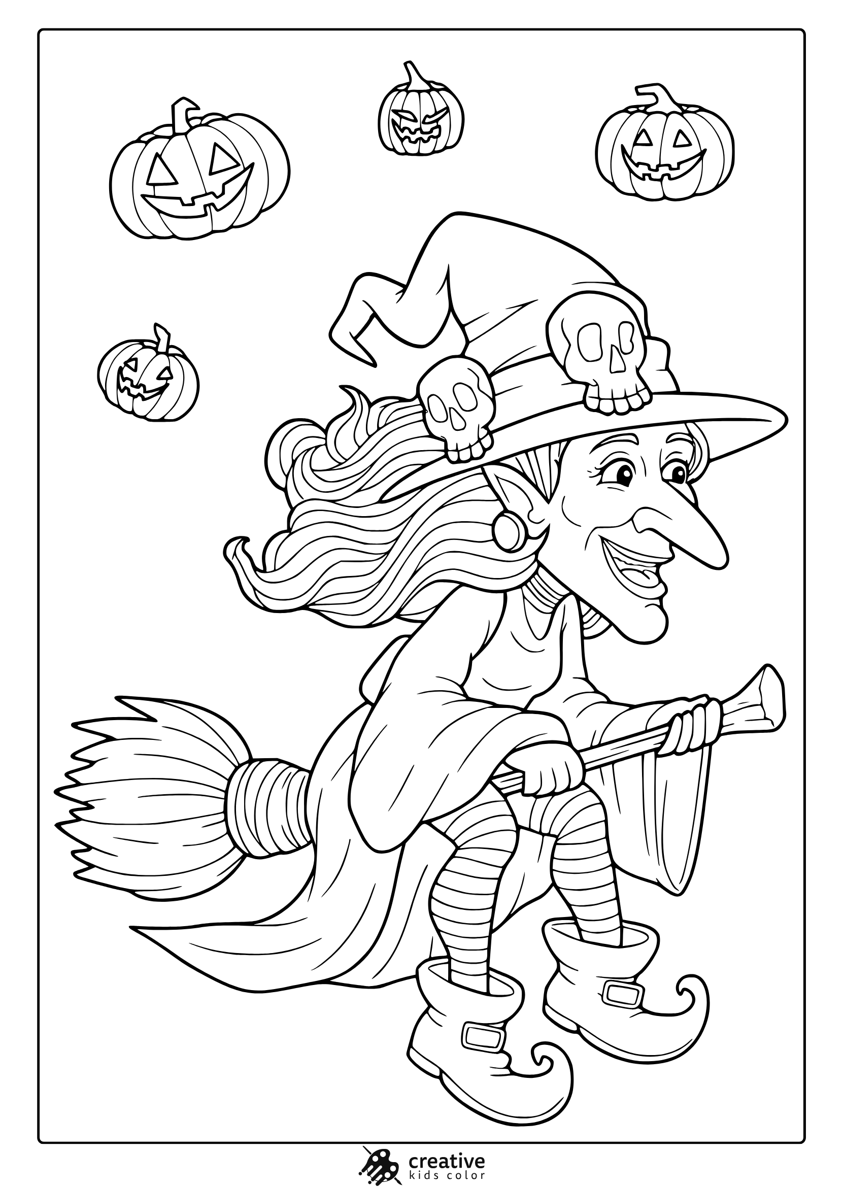 Halloween witch coloring page with smiling witch, broomstick, striped stockings and floating jack o lanterns.