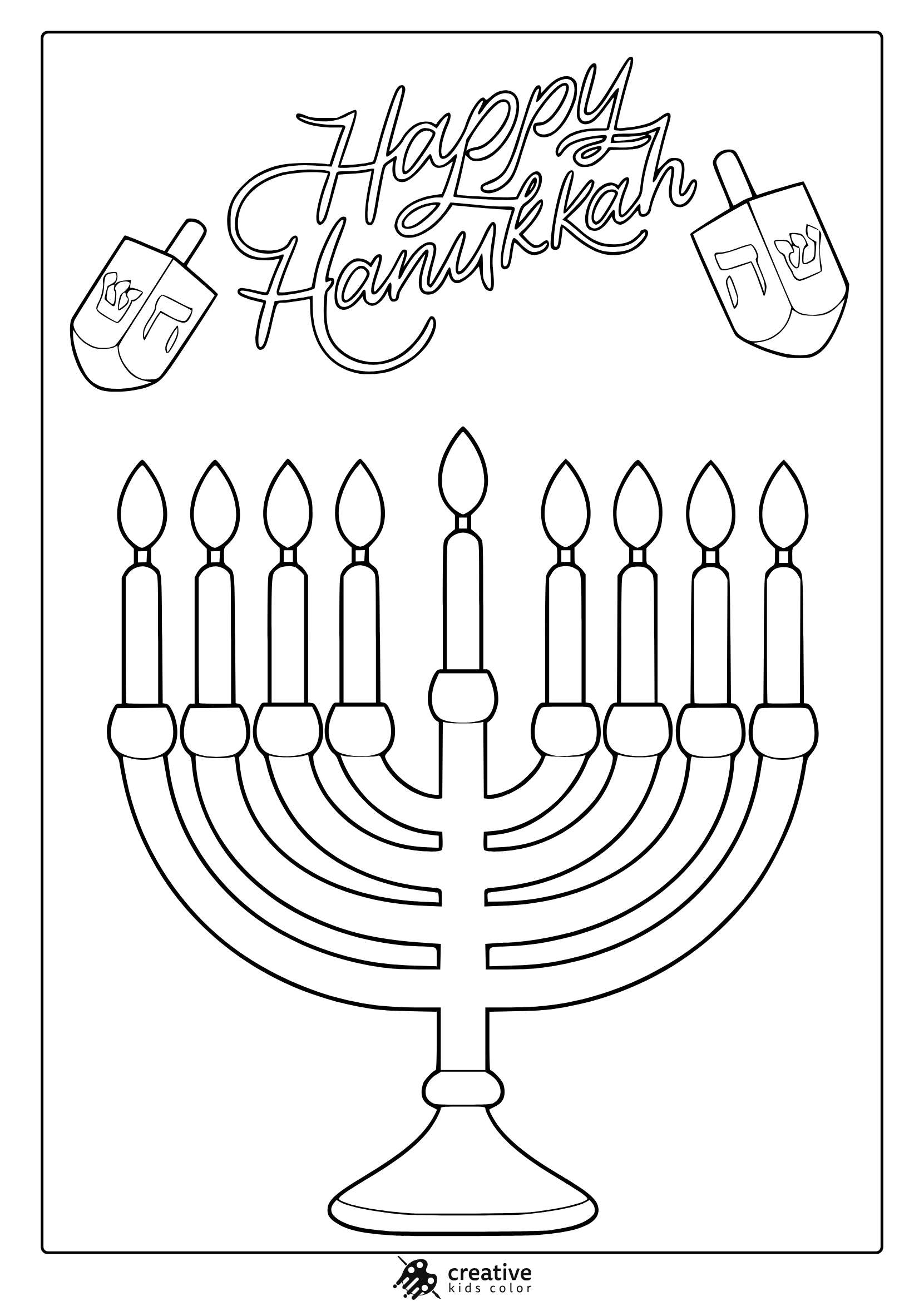 Hanukkah Menorah Coloring Page With Traditional Menorah And Dreidels.