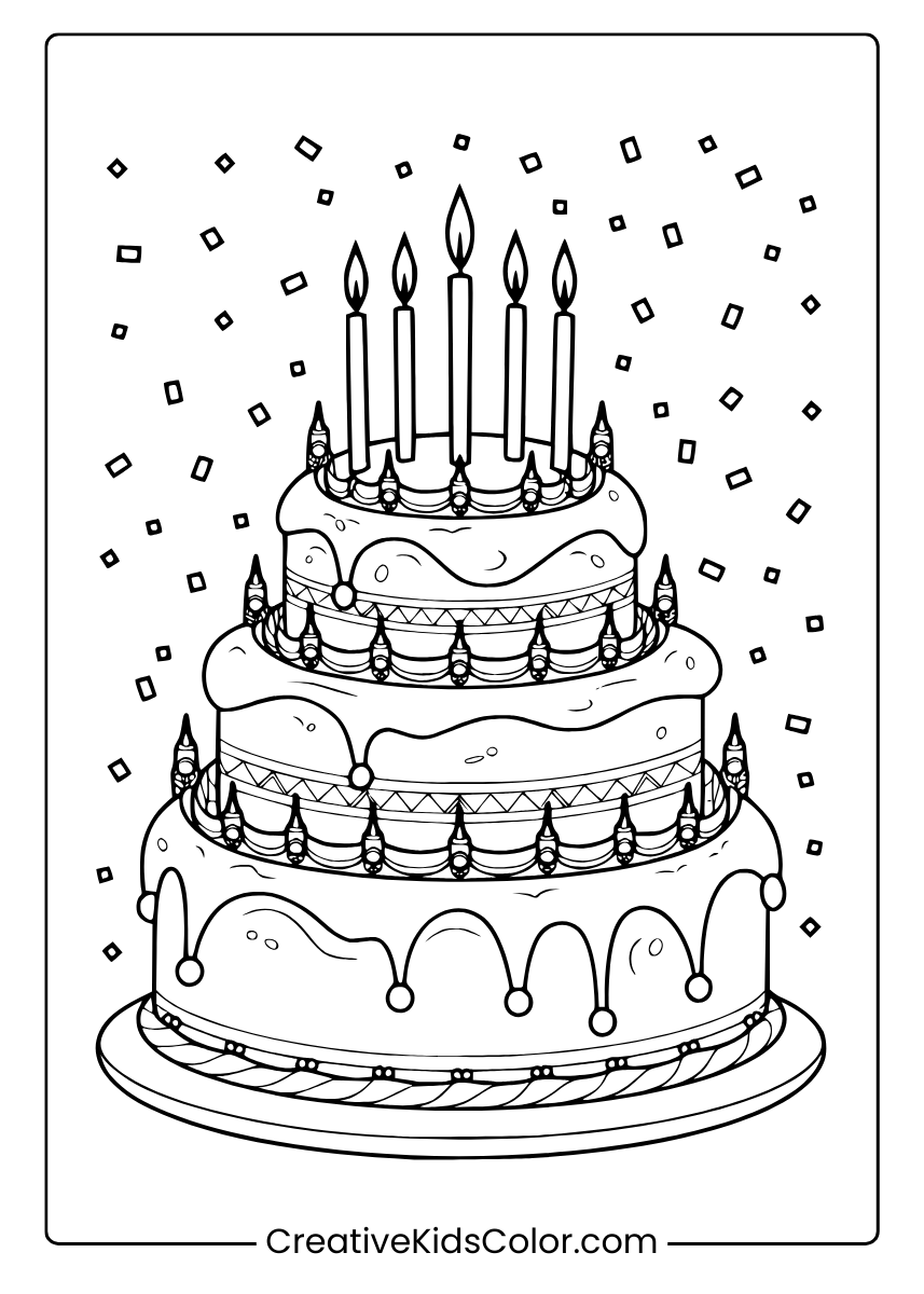 A Multi-Tiered Birthday Cake With Candles, Surrounded By Confetti, Perfect For A Coloring Page.