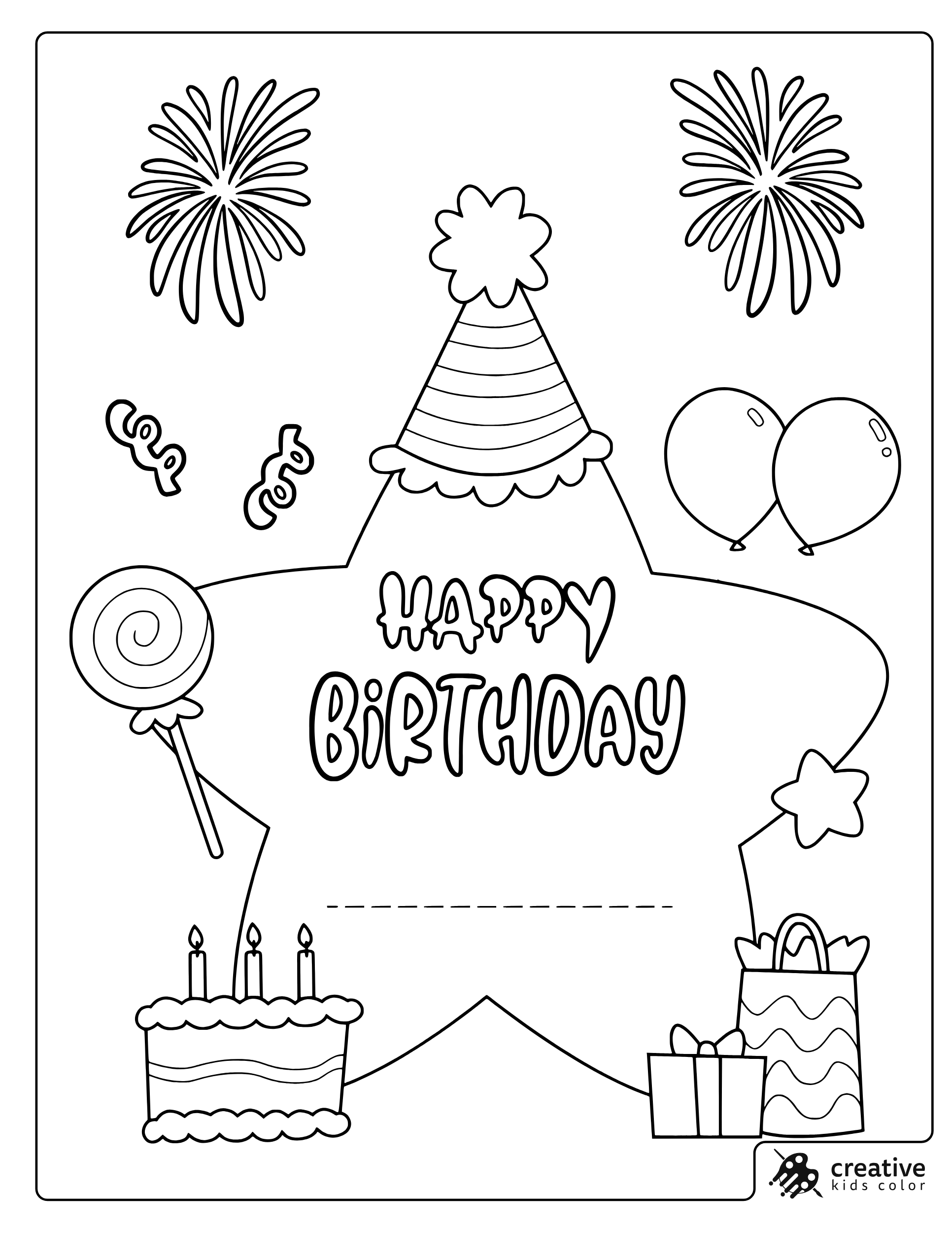 Happy Birthday Card Coloring Page With Balloons Cake Gifts And A Blank Space