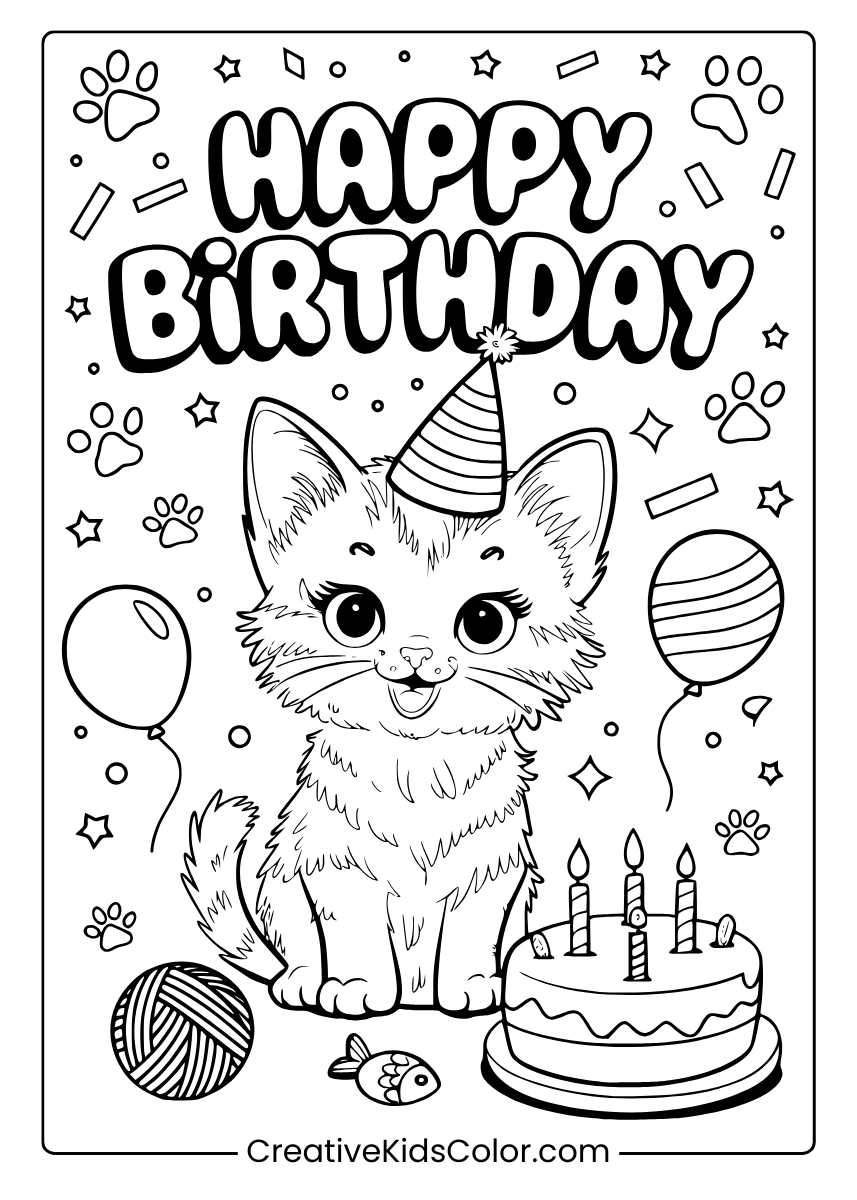 A Playful Kitten With A Cake And Balloons, A Delightful Coloring Page.