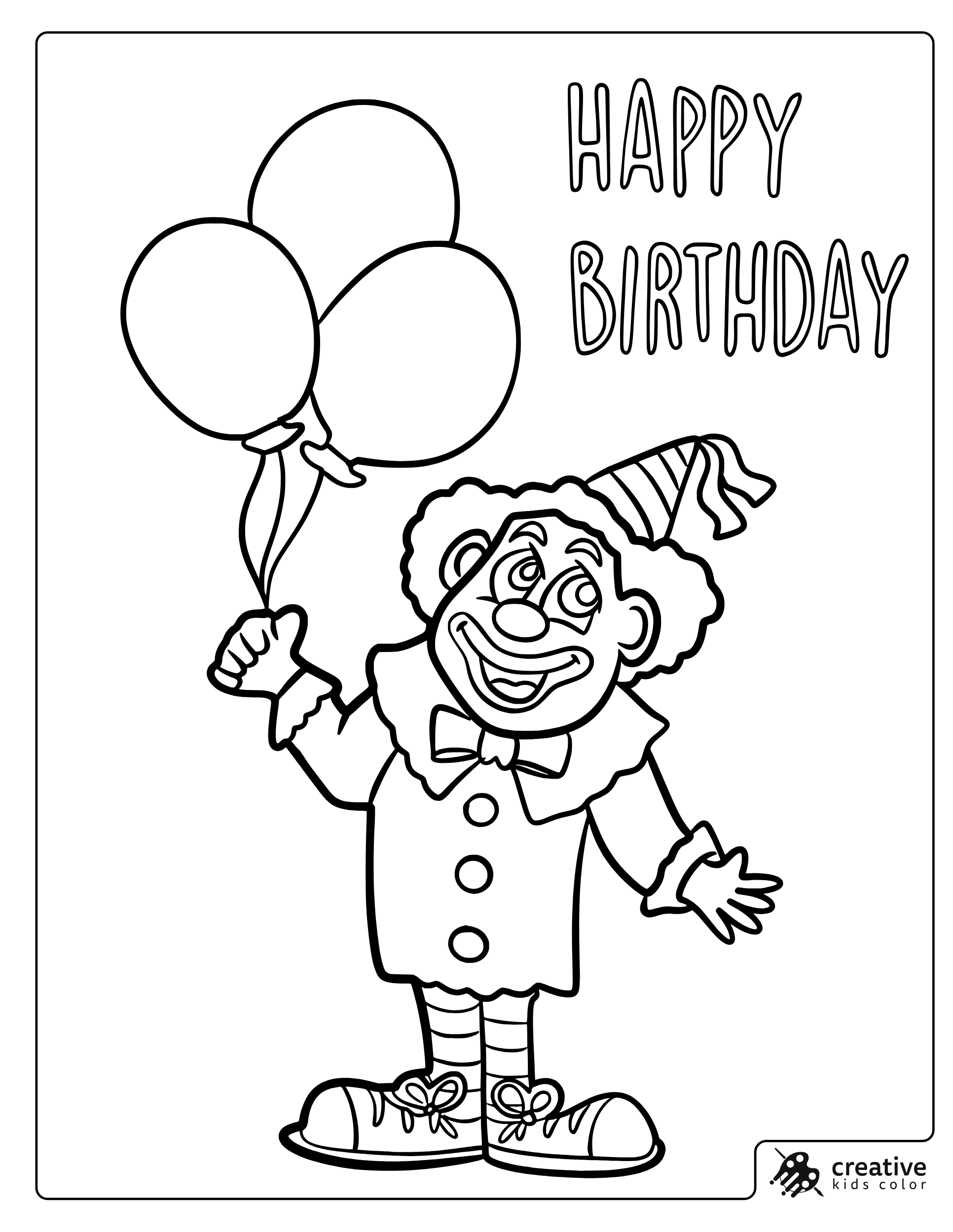 Happy Birthday Clown Coloring Page With Balloons And A Party Hat