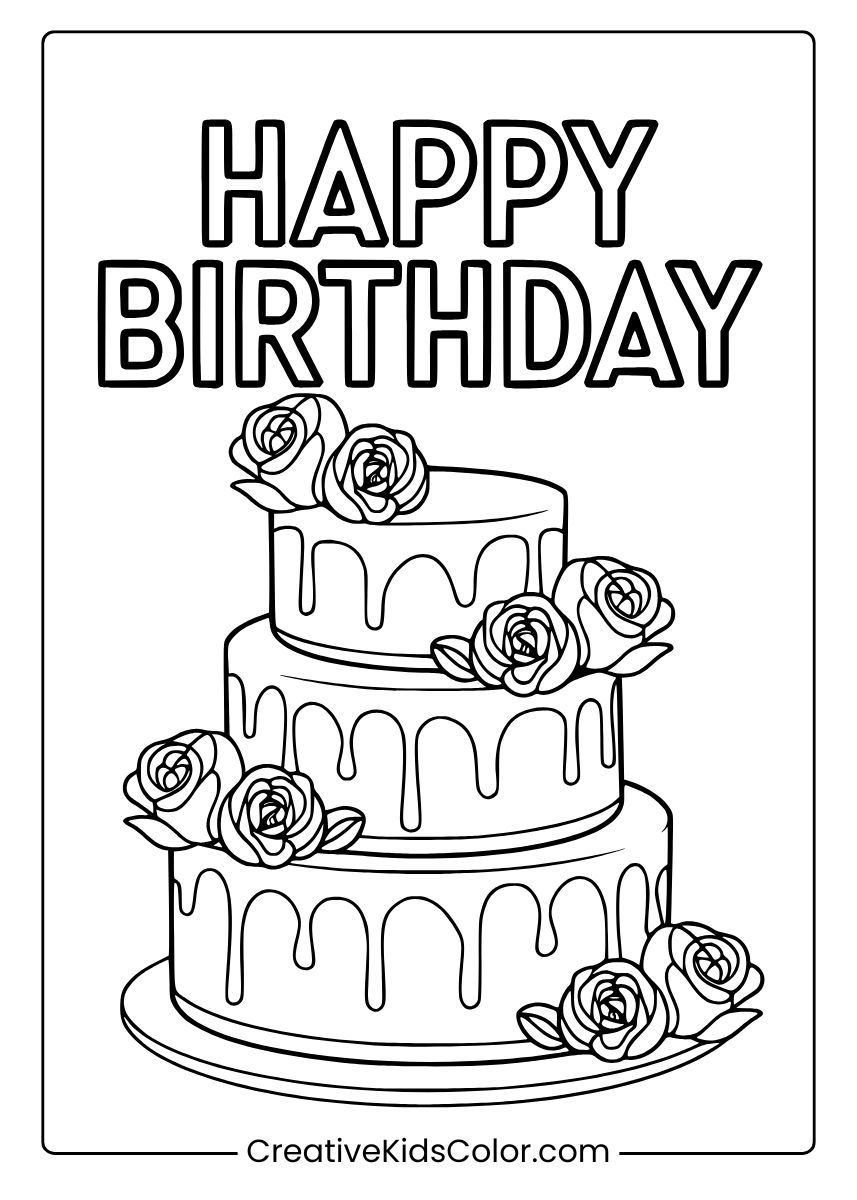 A Birthday Cake With Icing, Roses, And The Text 'Happy Birthday' Above, Perfect For A Coloring Page.