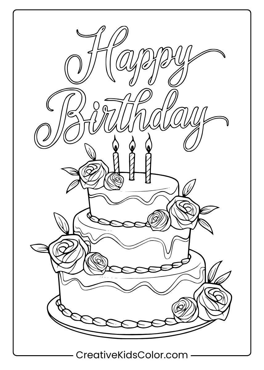 A Decorated Birthday Cake With Roses And Cursive 'Happy Birthday', An Intricate Coloring Page.