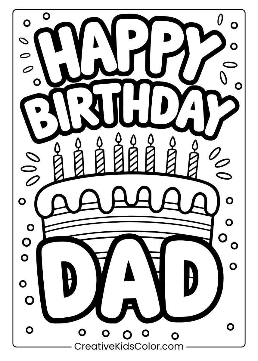 'Happy Birthday Dad' With A Cake And Candles, Ideal As A Coloring Page.