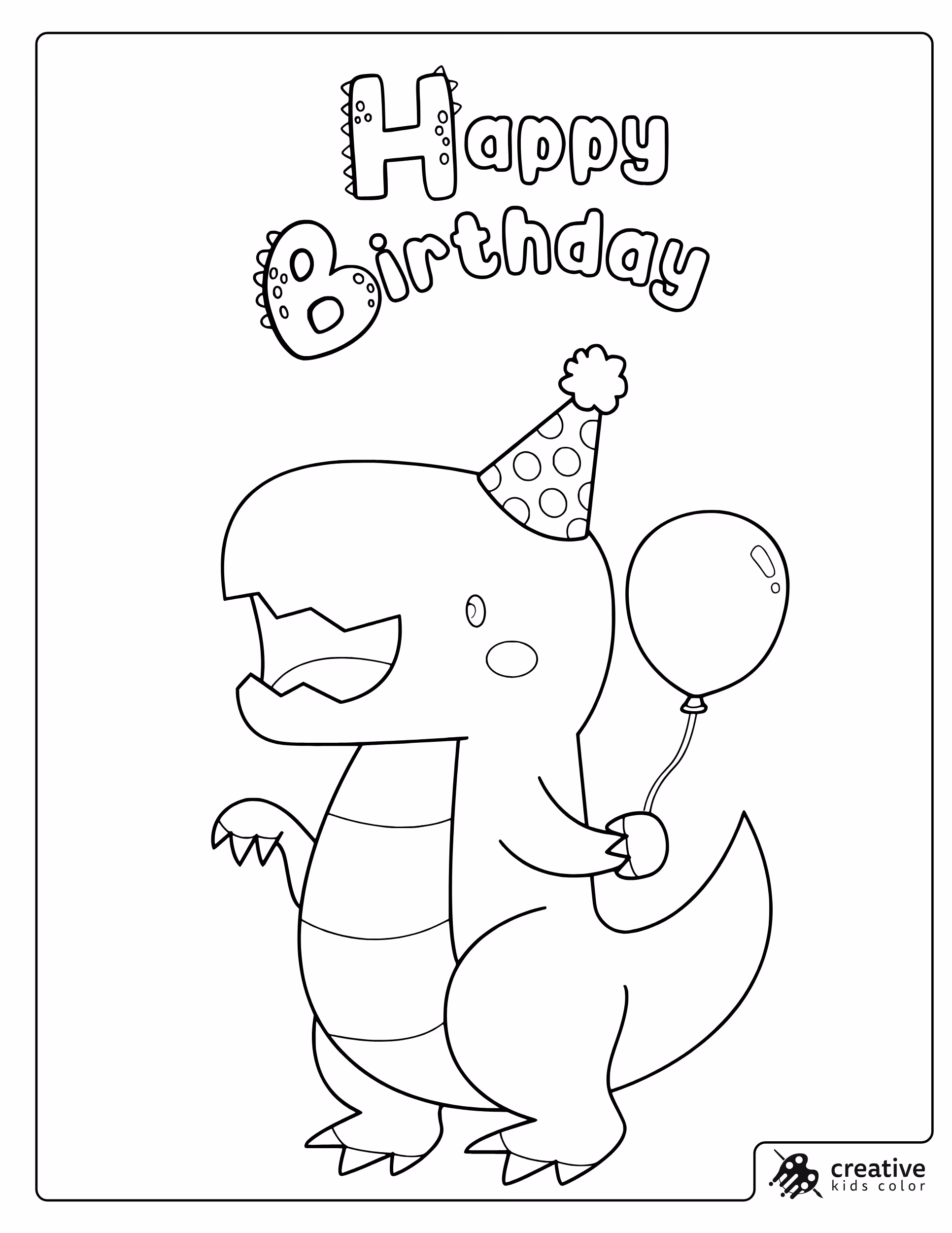 Happy Birthday Dinosaur Coloring Page With A Party Hat And Balloon