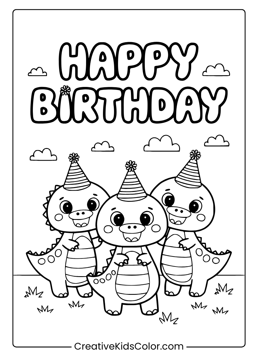 Cartoon Dinosaurs With Birthday Hats And 'Happy Birthday' Above, A Playful Coloring Page.