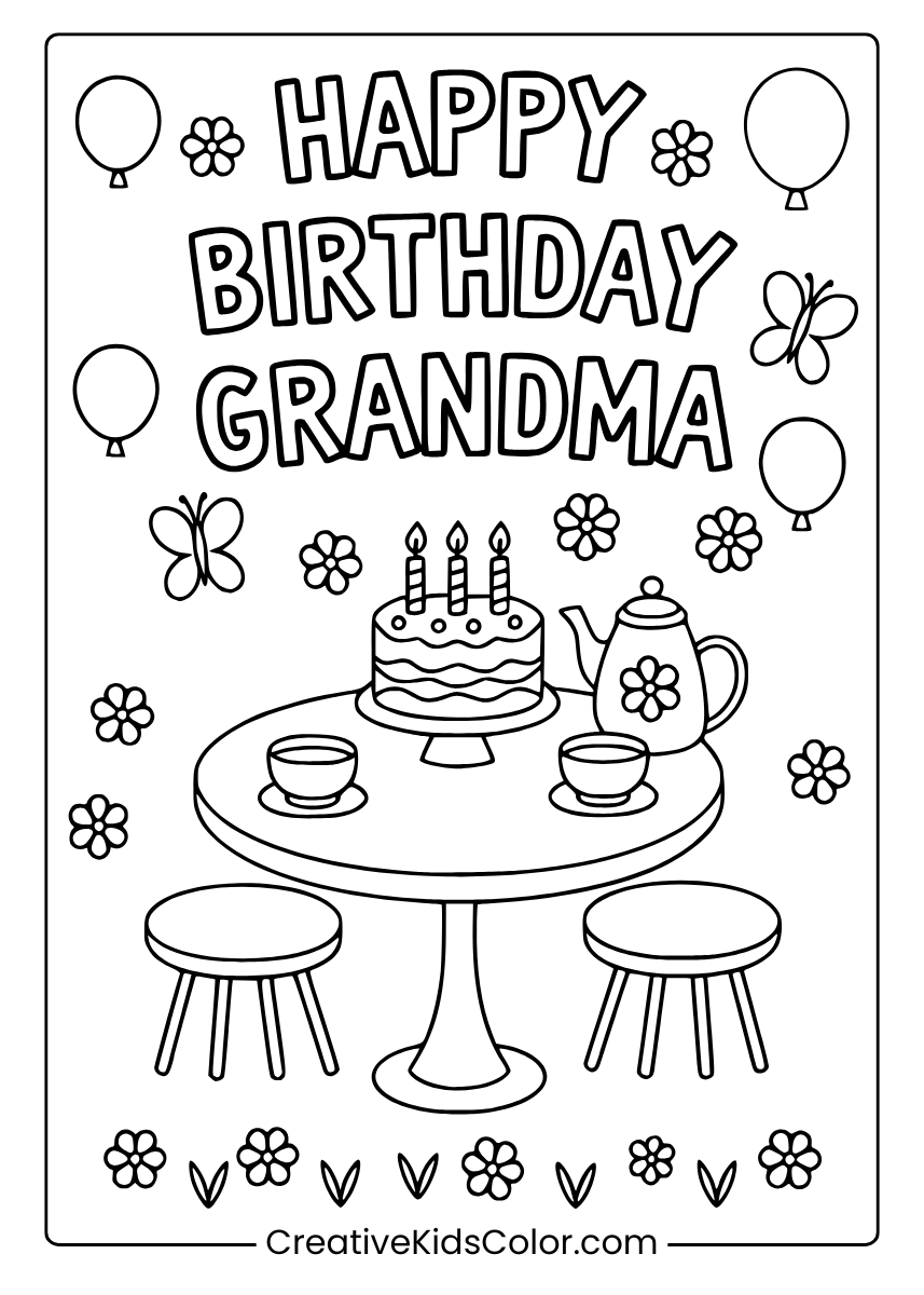 A Birthday Cake And 'Happy Birthday Grandma' Surrounded By Flowers, A Heartwarming Coloring Page.