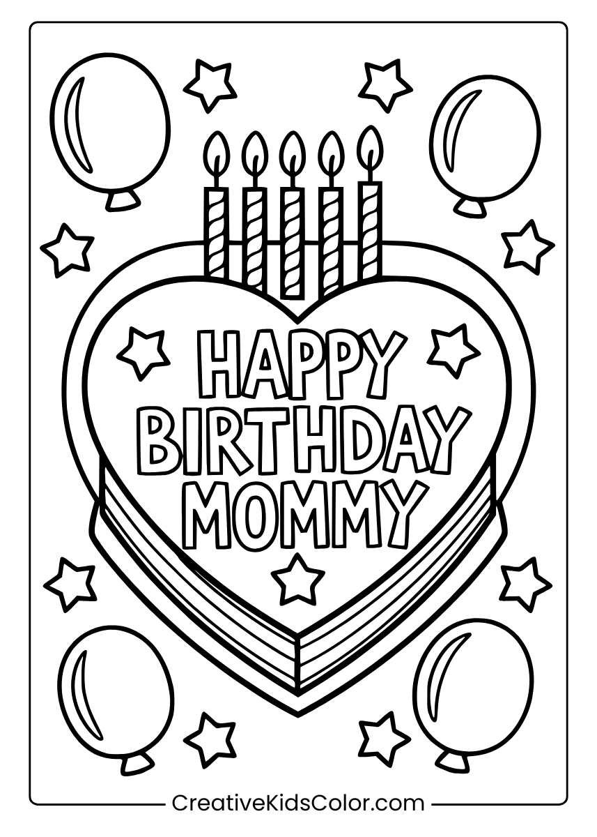 A Birthday Cake With 'Happy Birthday Mommy' And Stars, Perfect For A Coloring Page.