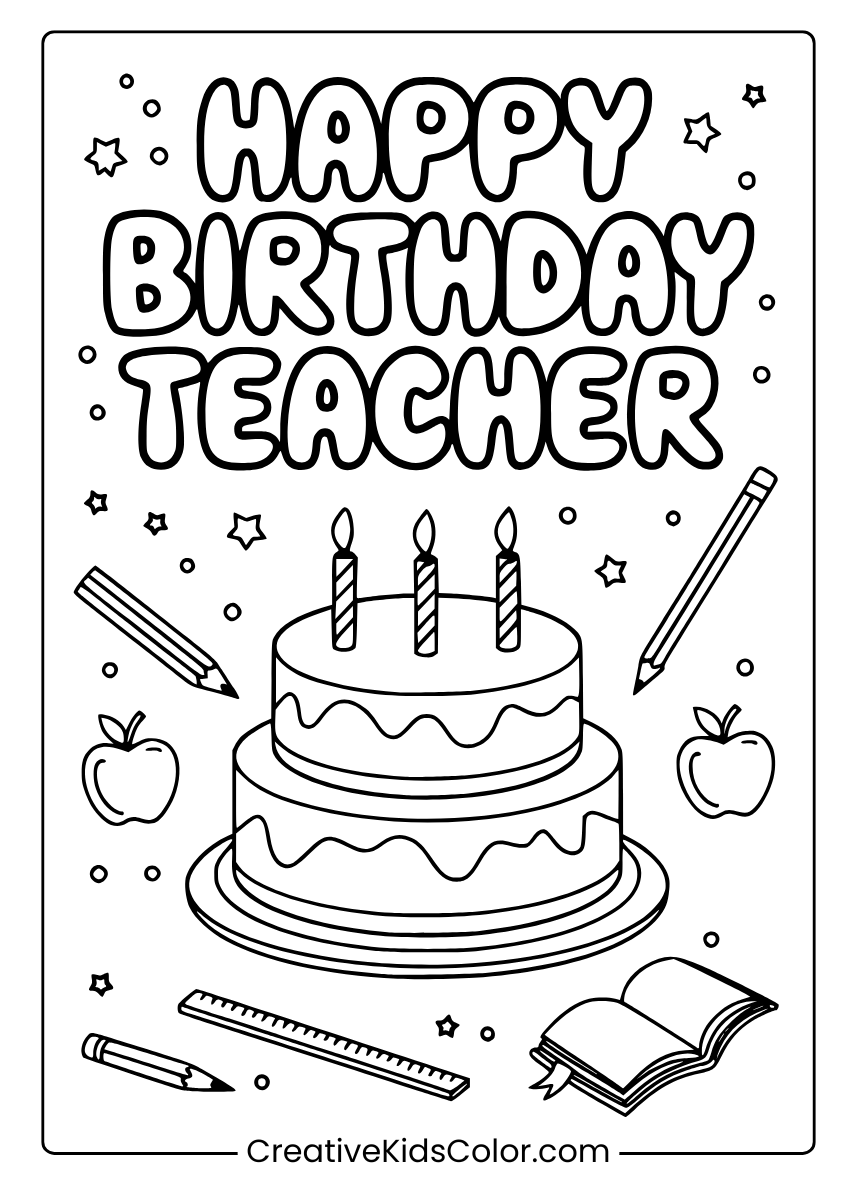 A Cake With Candles, An Apple, And A Pencil, Surrounded By Decorative Elements, An Educational Coloring Page.