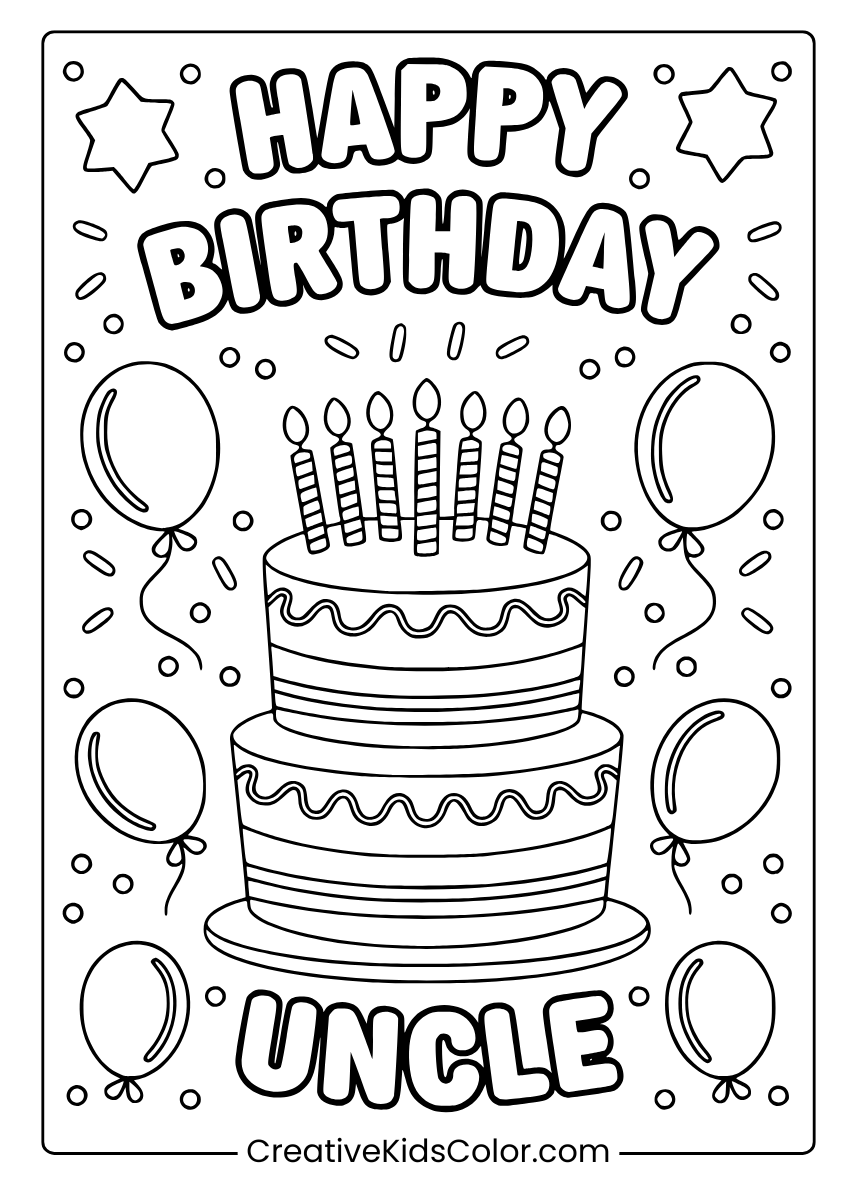 A Birthday Cake With 'Happy Birthday' And 'Uncle', A Celebratory Coloring Page.
