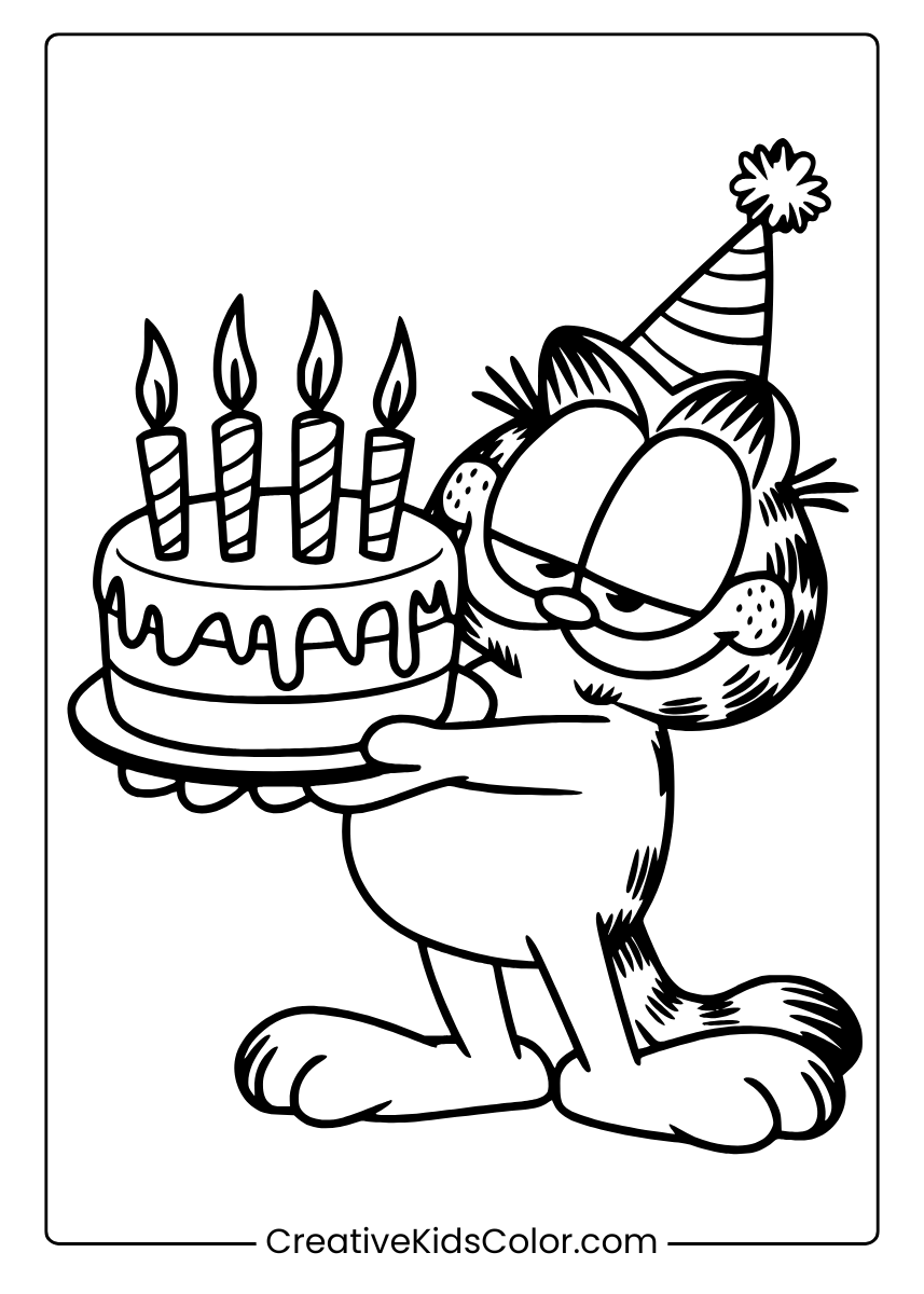 Garfield With A Birthday Cake And A Confident Smile, A Humorous Coloring Page.