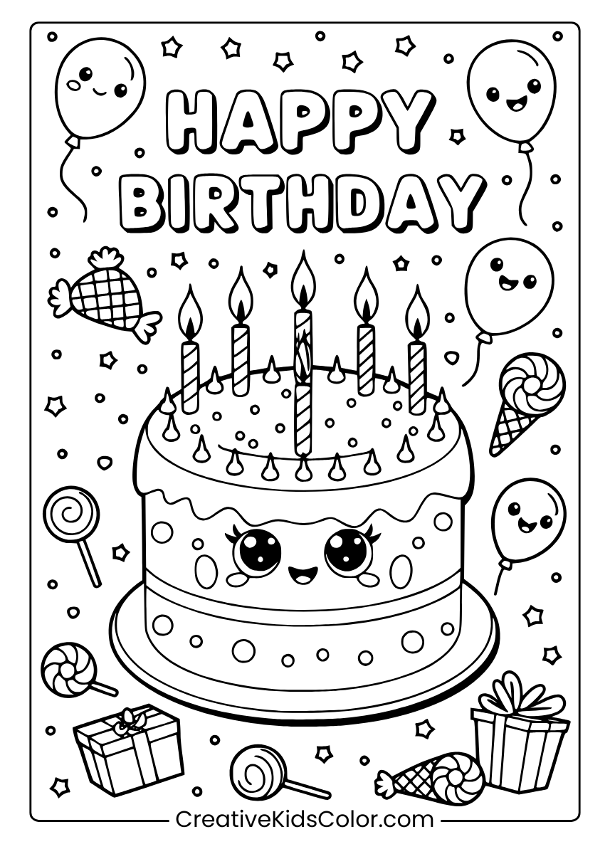 A Birthday Cake Surrounded By Kawaii Candies, Lollipops, And Presents, Perfect For A Coloring Page.