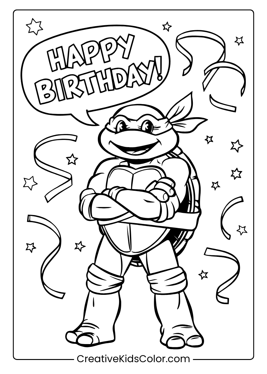 A Ninja Turtle With A Party Hat And Birthday Decorations, A Fun Coloring Page.