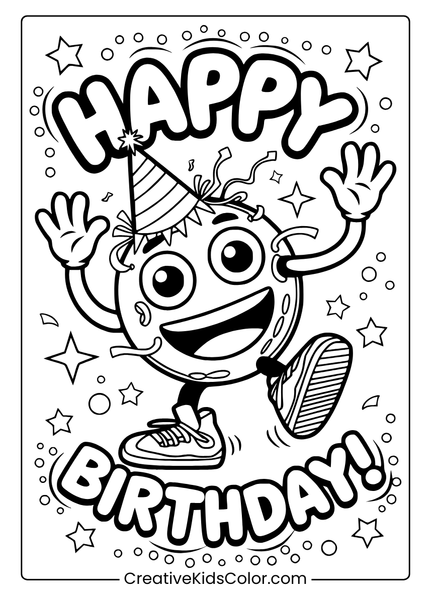 A party emoji character with a big smile, jumping with joy, a celebratory coloring page.