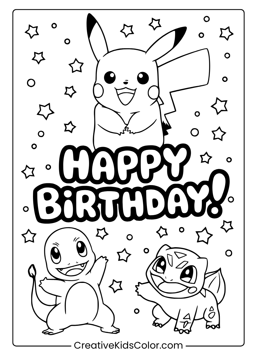 Pikachu, Charmander, And Bulbasaur With Stars And Confetti, An Exciting Coloring Page.