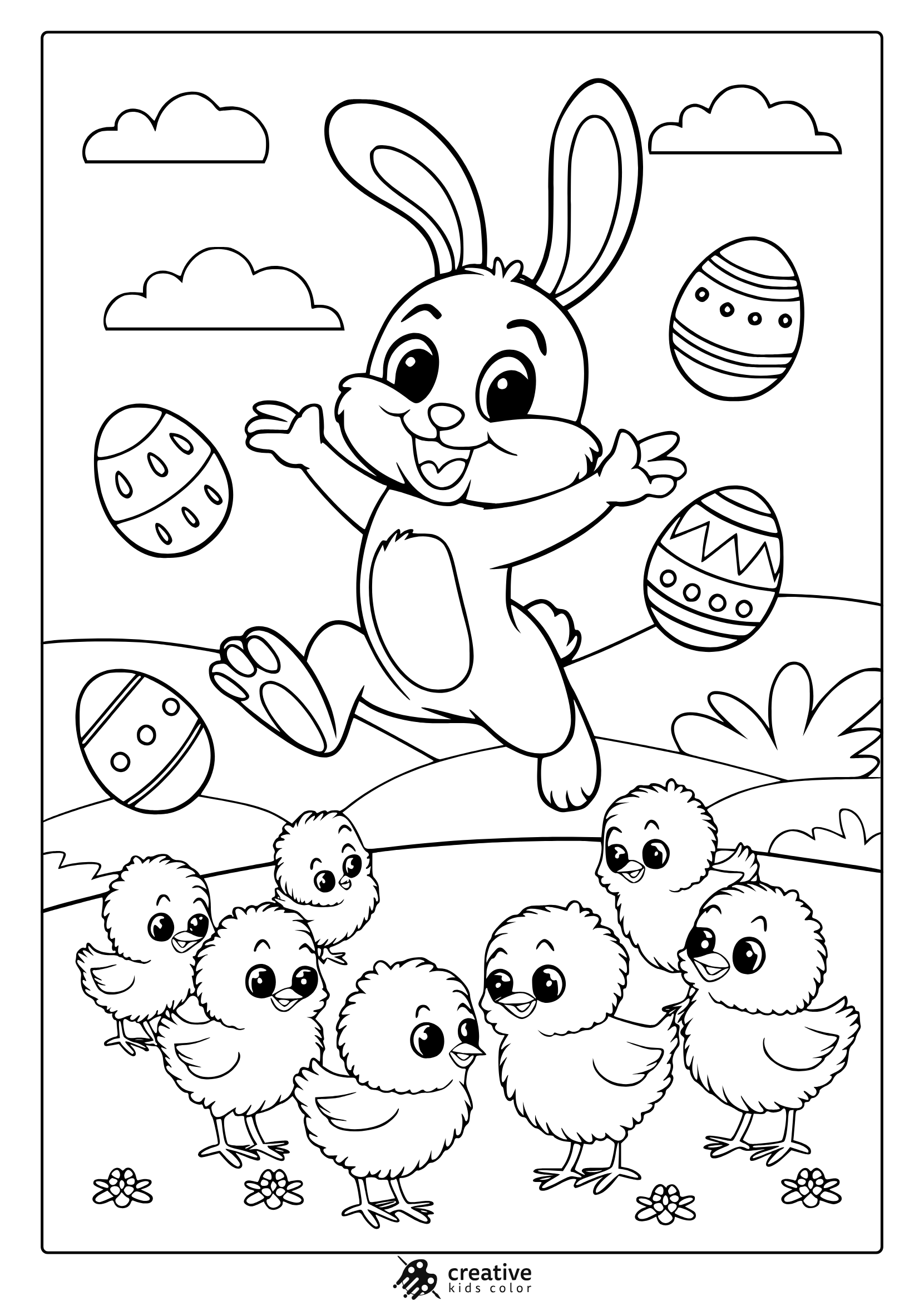 A Happy Easter Animals Coloring Page With A Leaping Bunny, Floating Easter Eggs, And Five Curious Chicks In A Festive Setting.
