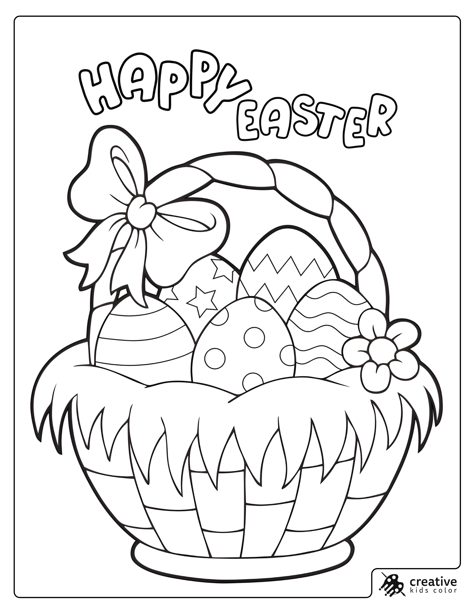 Easter Basket With Grass And Decorated Eggs Coloring Page