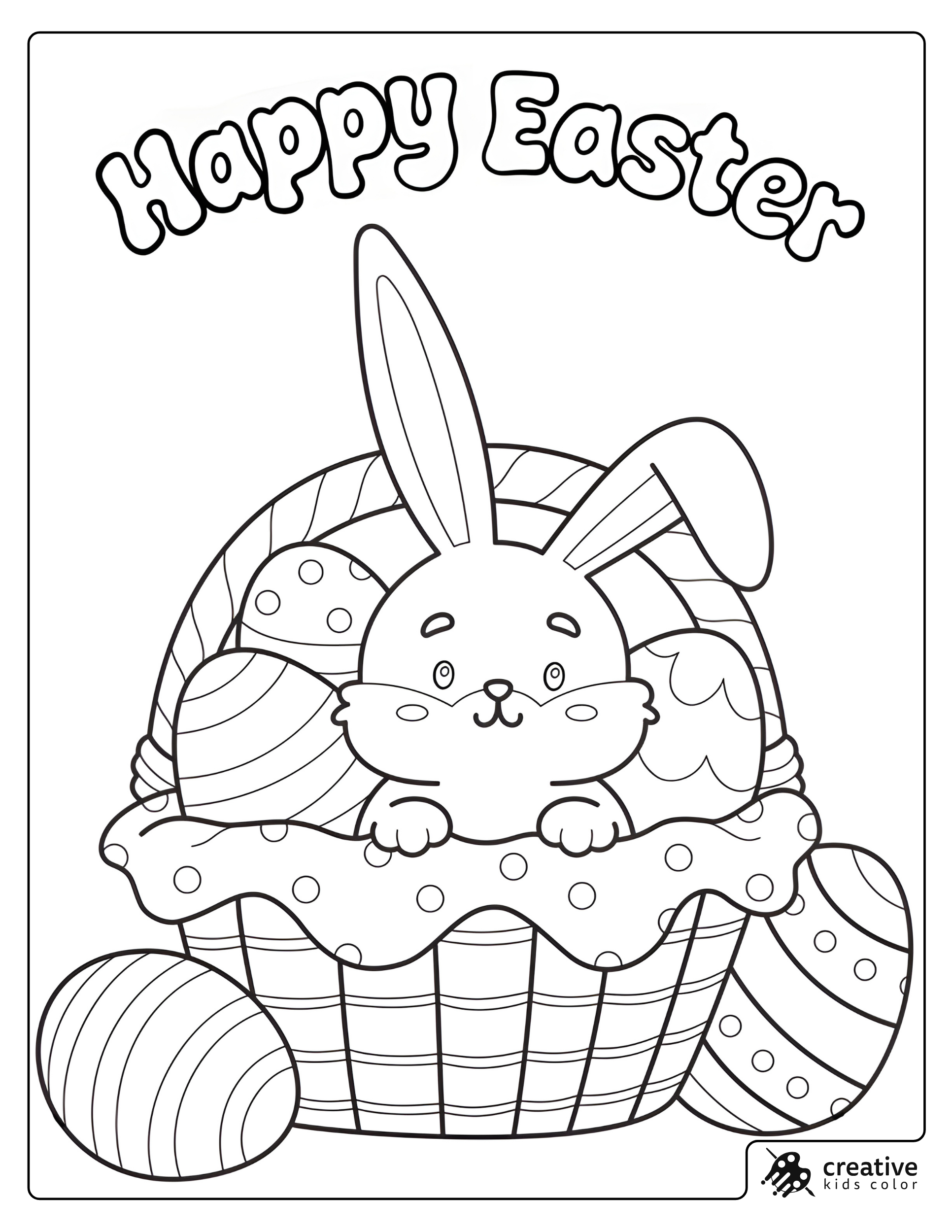 Easter Bunny In A Basket With Decorated Eggs Coloring Page