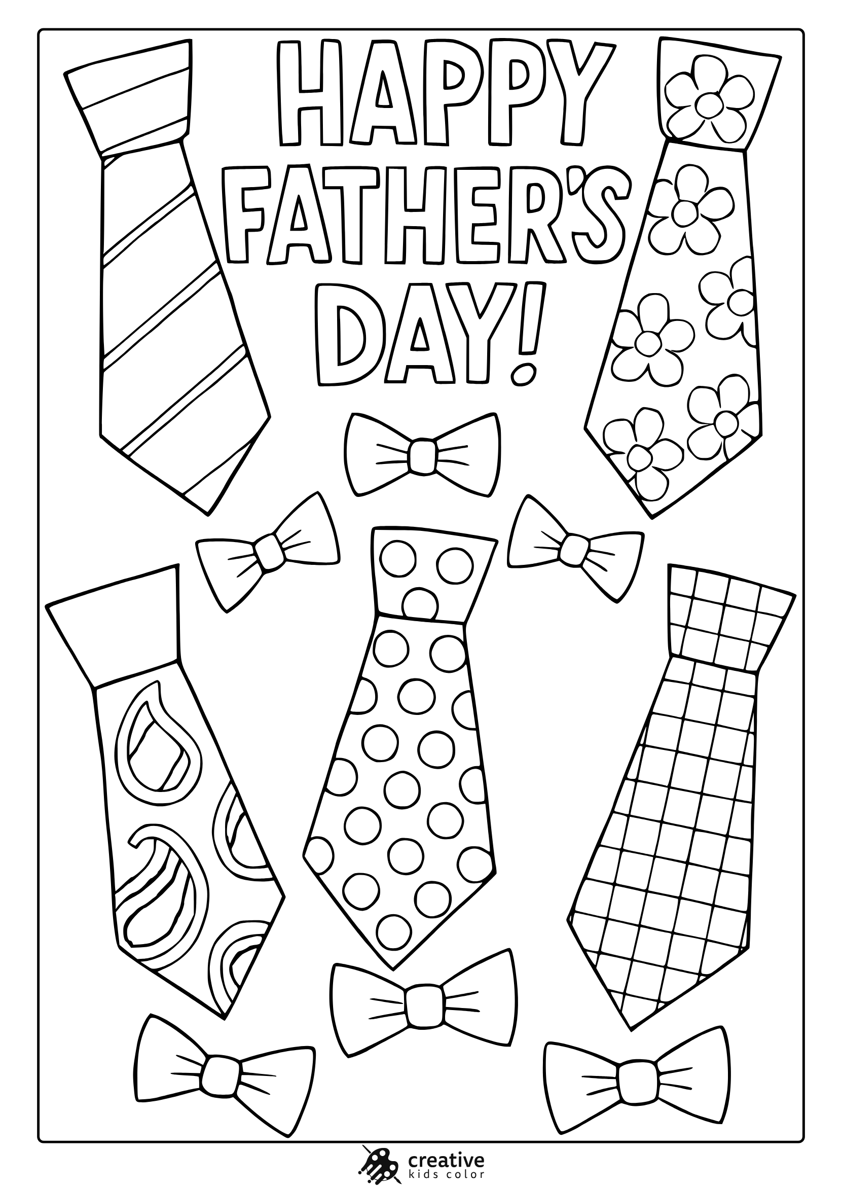 Father’s Day Coloring Page With Bold Text And Various Necktie And Bow Tie Illustrations.