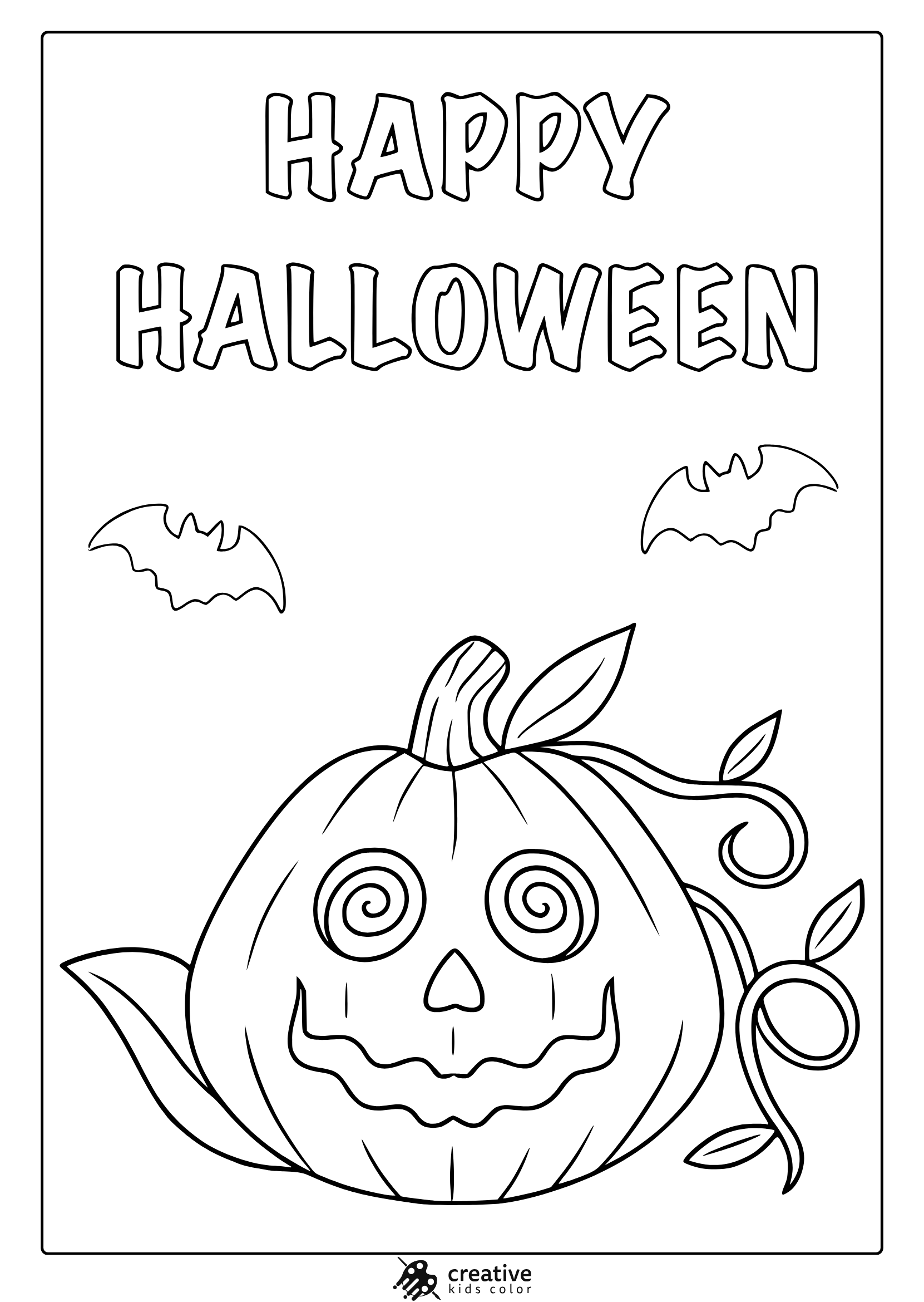 Happy Halloween coloring page with mischievous pumpkin, spiral eyes, bold text and flying bats.