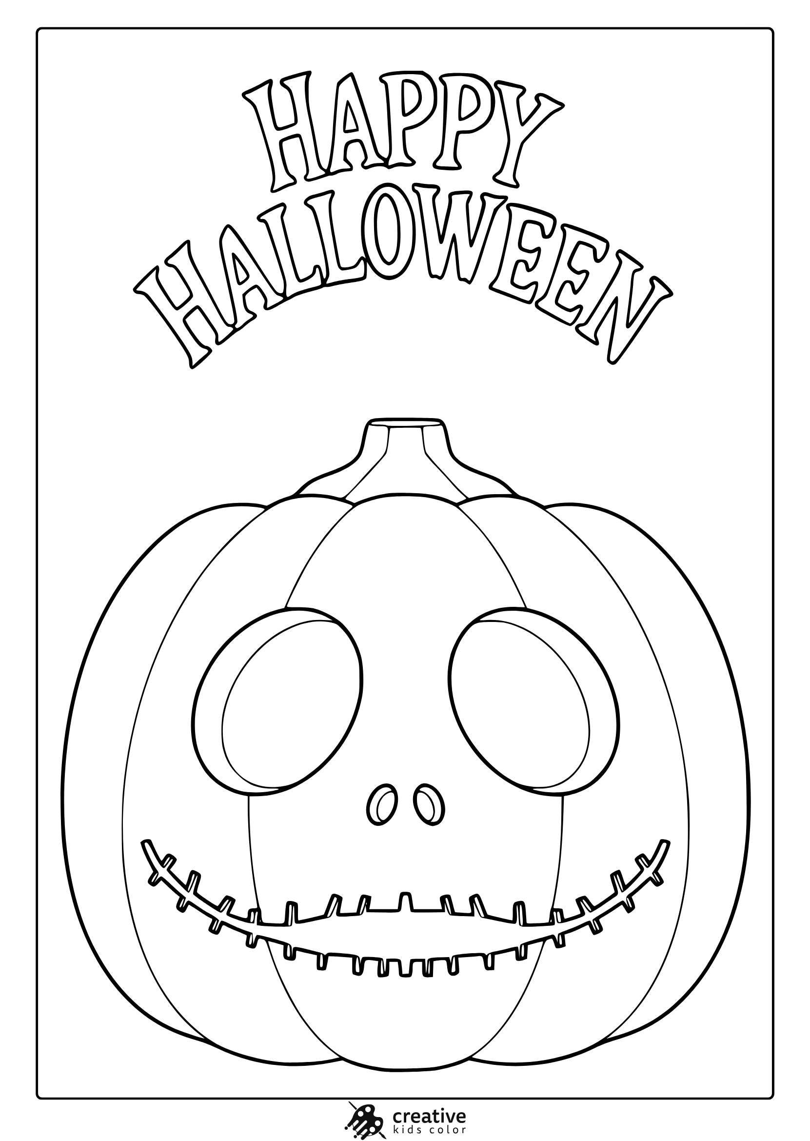 Happy Halloween pumpkin coloring page with skull-inspired jack o lantern design and bold festive text.
