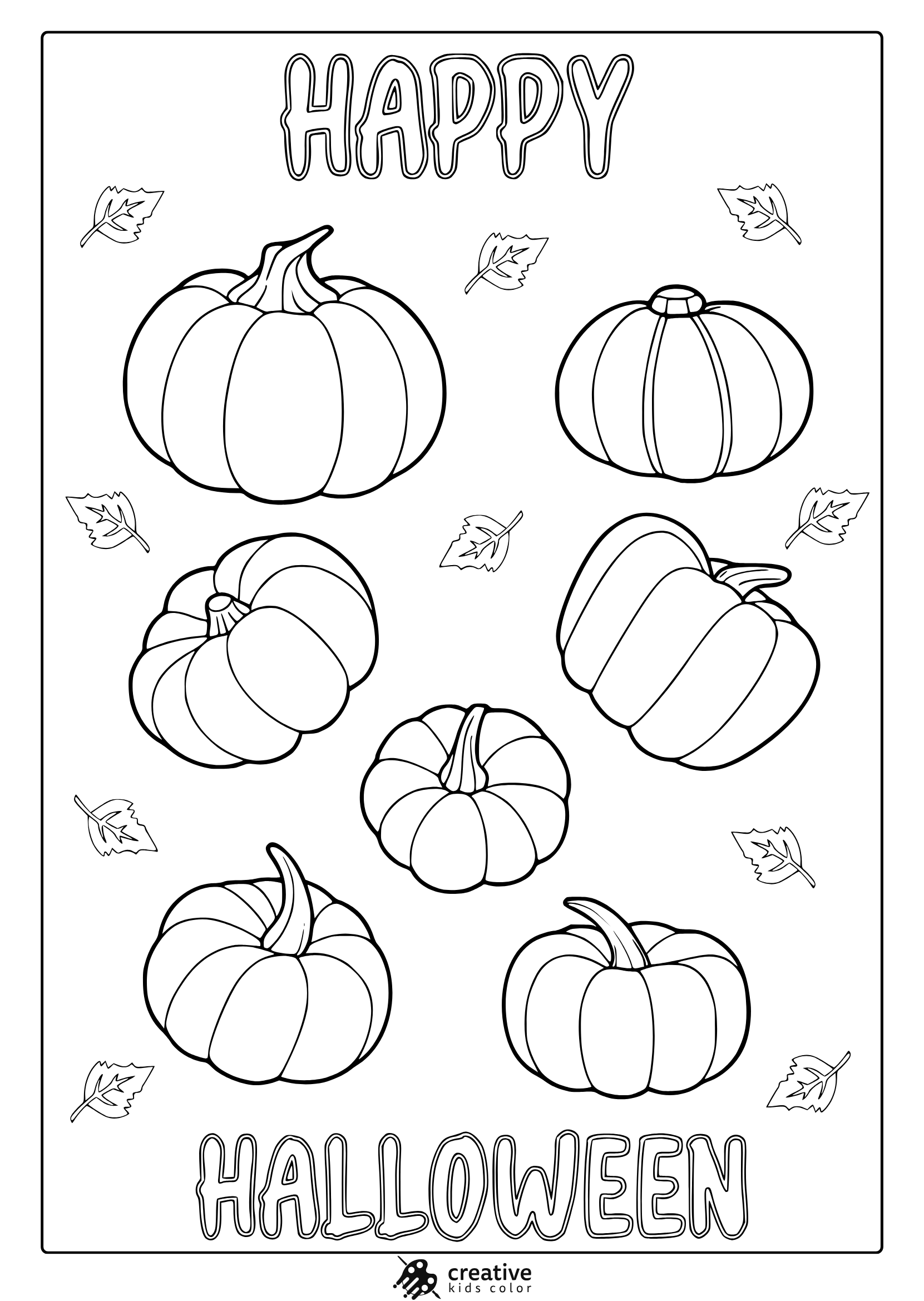 Happy Halloween pumpkins coloring page with seven decorative pumpkins and autumn leaves scattered around.