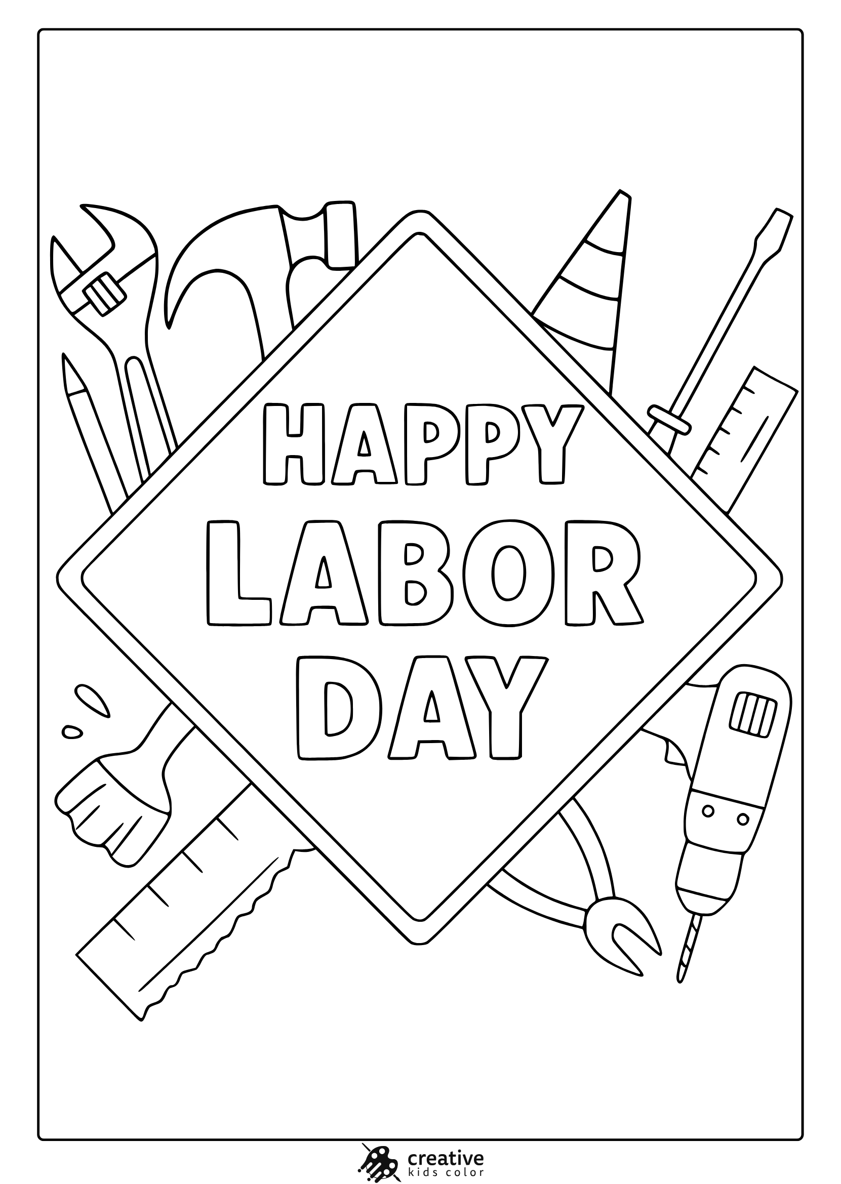Happy Labor Day Coloring Page With Wrench, Hammer, Traffic Cone, Ruler, And Drill In Clean Line Art.