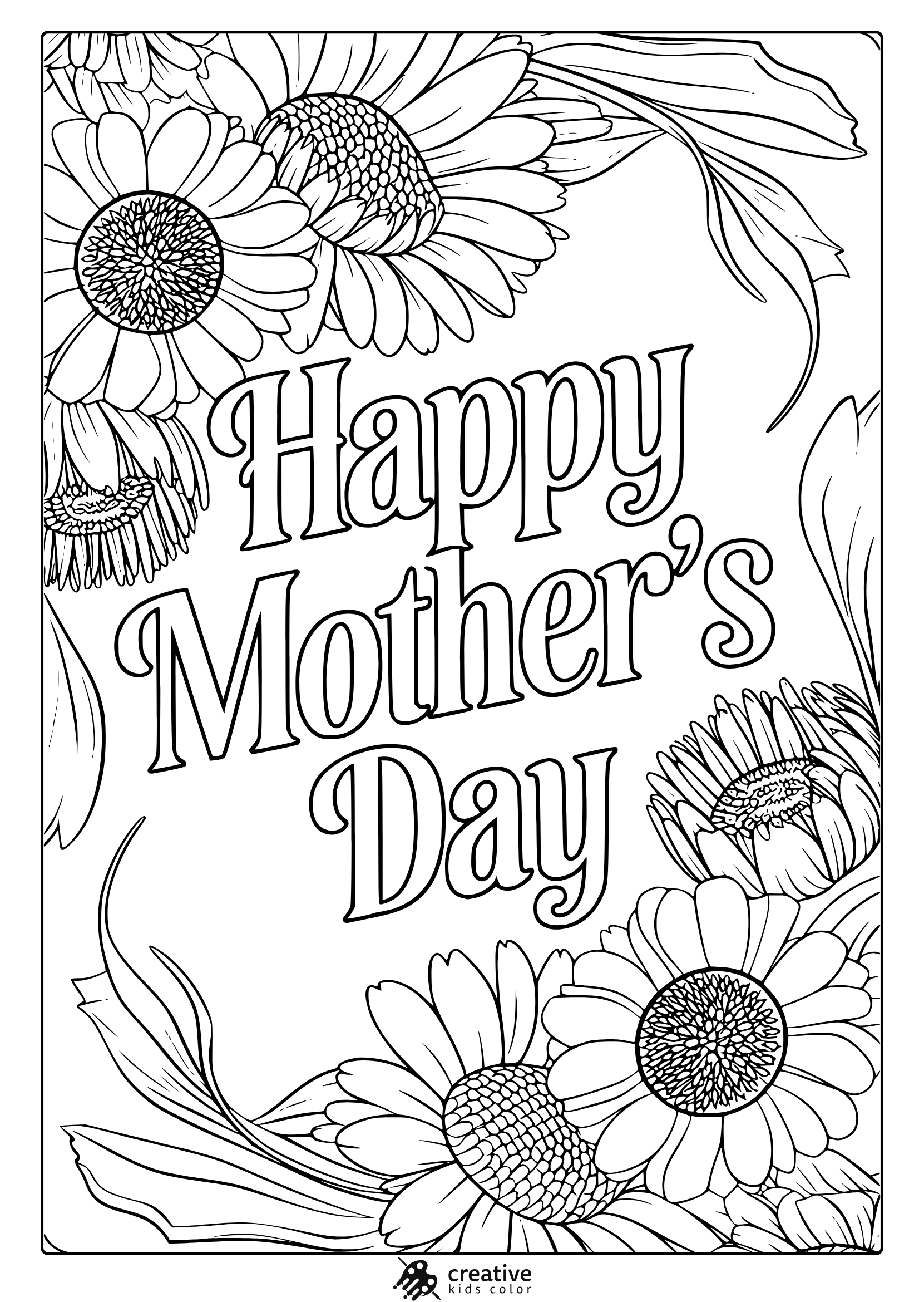 A Happy Mother’s Day Coloring Page With Intricate Flowers, Mainly Daisies, Surrounding The Central Text In A Delicate Design.