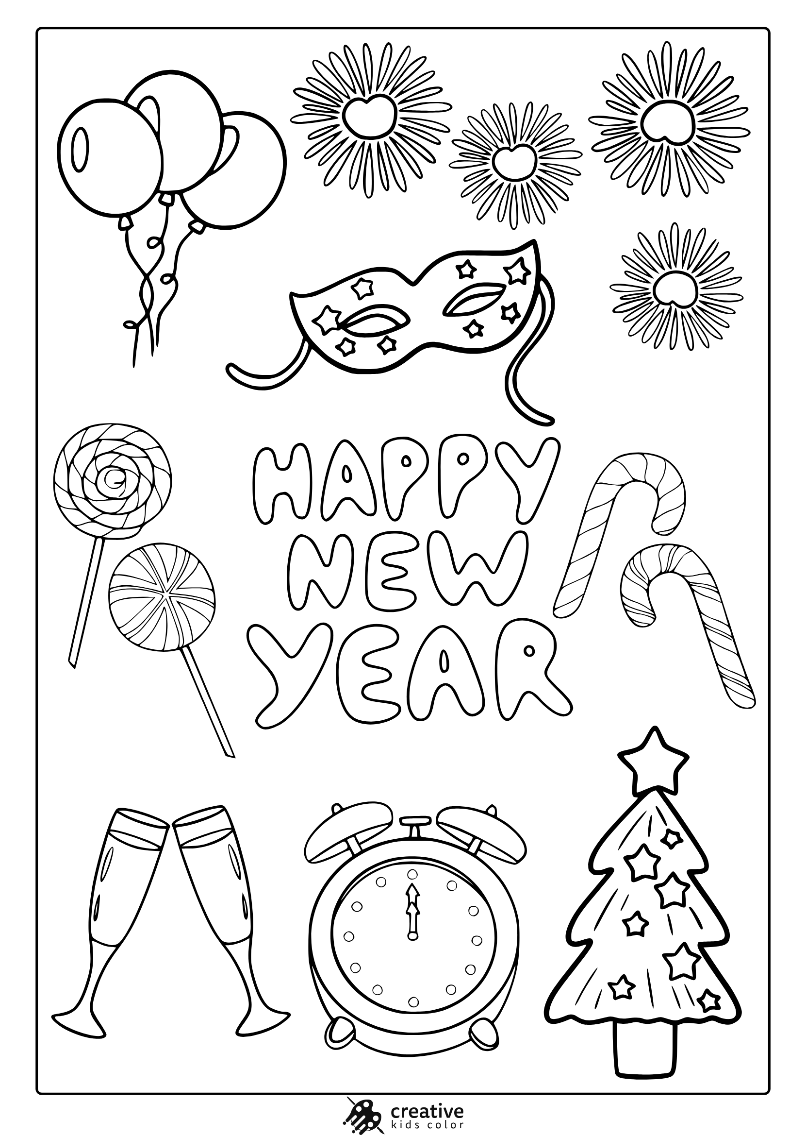 Happy New Year Coloring Page With Balloons, Mask, Lollipops, Champagne Glasses, Clock, Tree, And Candy Canes.