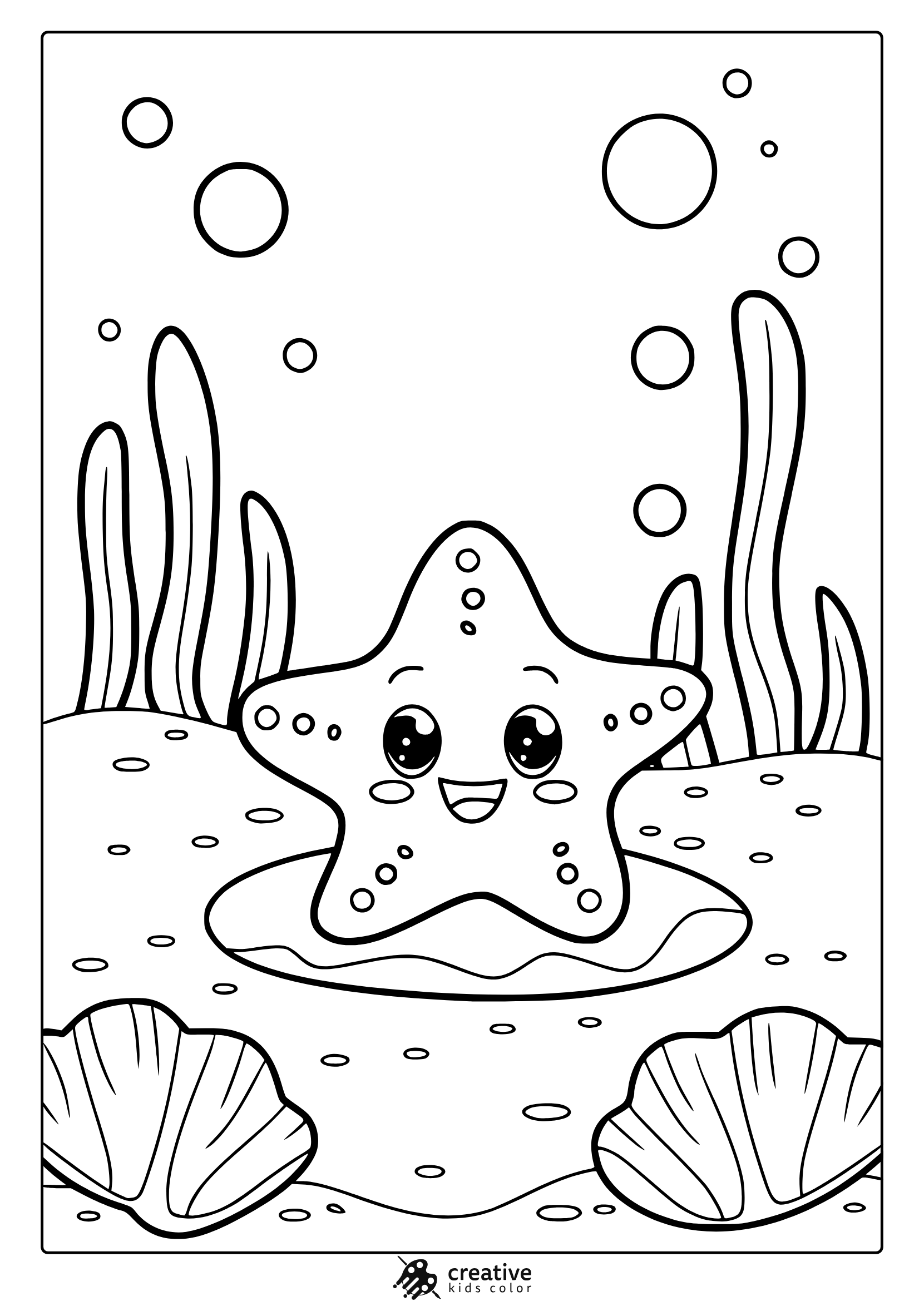 A Cute Starfish With A Smile Lies On Sandy Seabed With Seashells In This Underwater Summer Coloring Page.