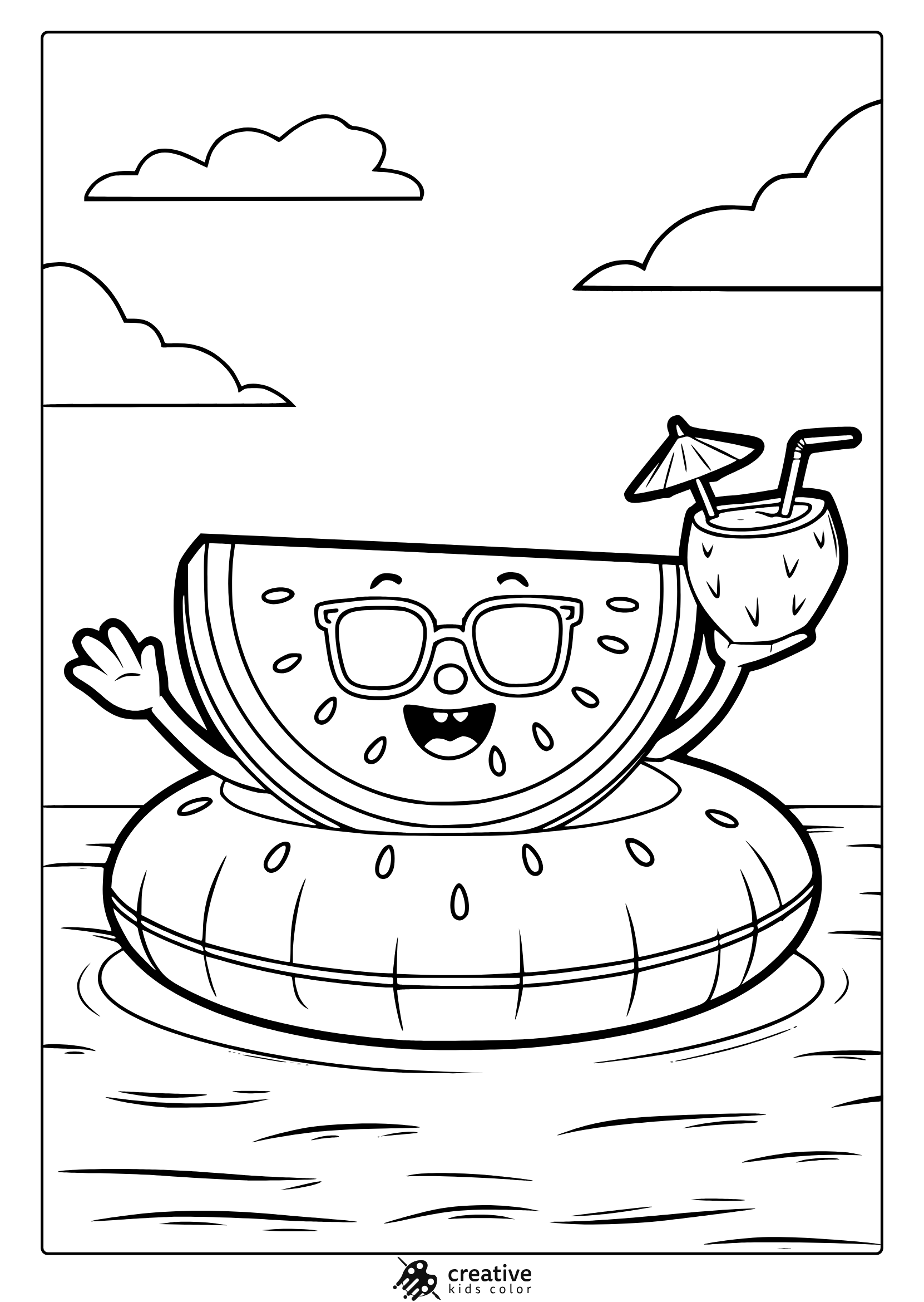 A Watermelon With Sunglasses Relaxes In A Float Ring In This Fun And Happy Summer Watermelon Coloring Page.