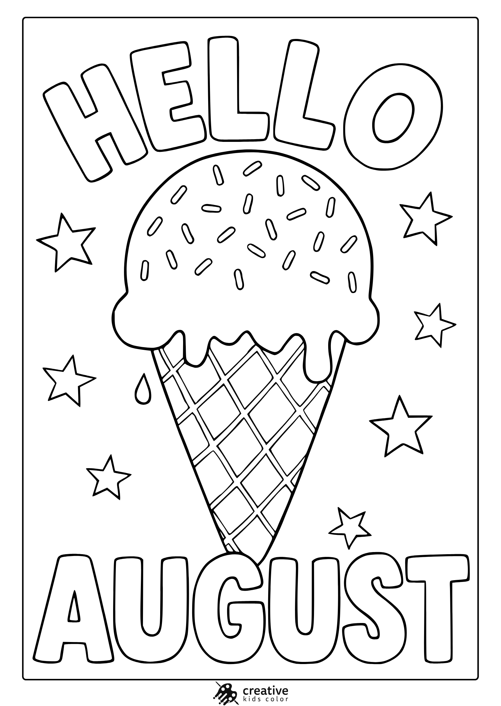 Coloring Page With Ice Cream Cone, Sprinkles, Stars, And Bold Hello August Text For Summer Coloring Fun.