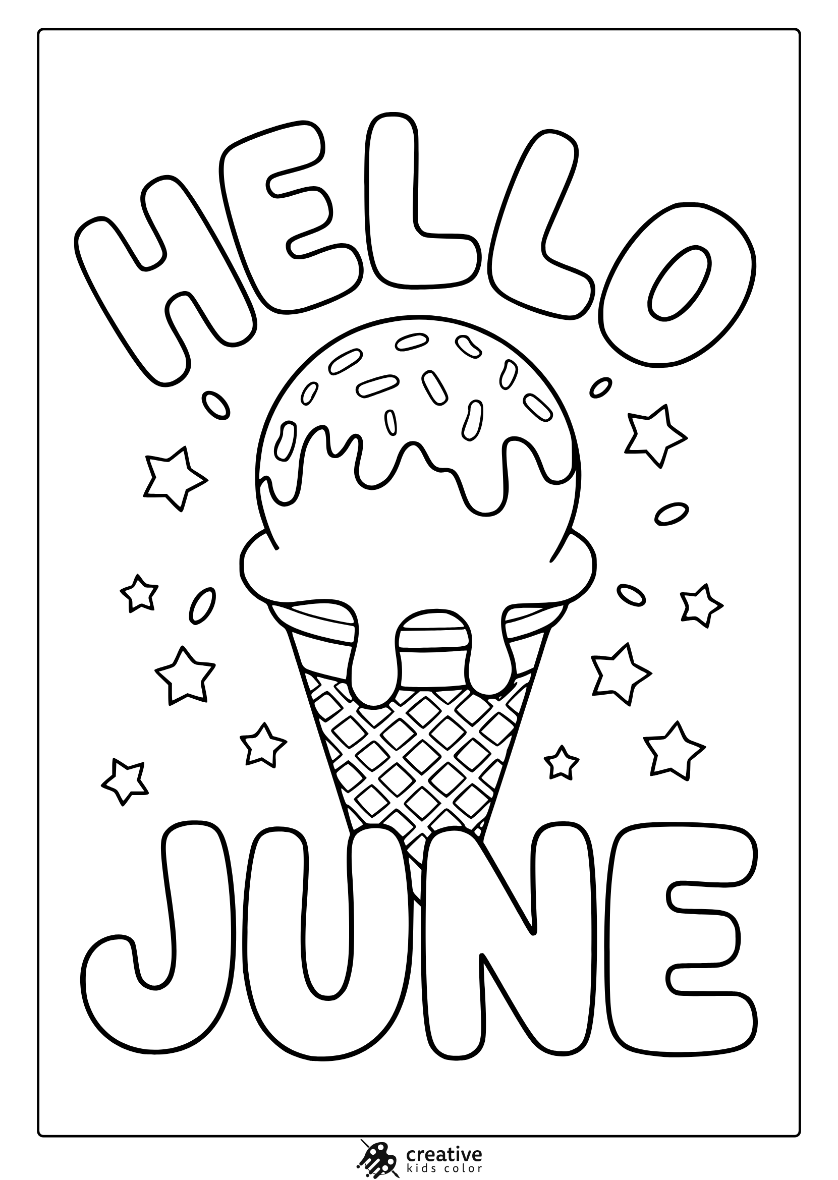 Ice Cream Cone Coloring Page With Sprinkles And &Quot;Hello June&Quot; Text In A Playful Layout.