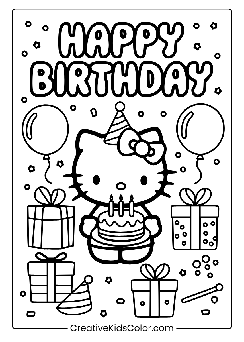 A Hello Kitty Character With Balloons And A Birthday Cake, Perfect For A Coloring Page.