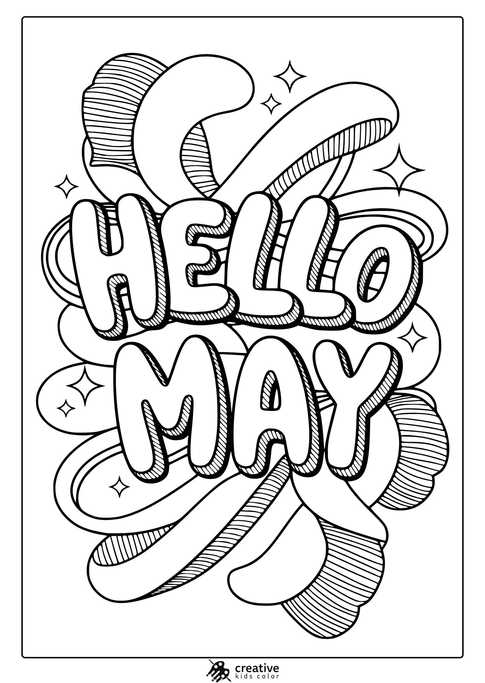 A Hello May coloring page with bold, 3D letters surrounded by swirling patterns, dots, stars, and whimsical decorative elements.