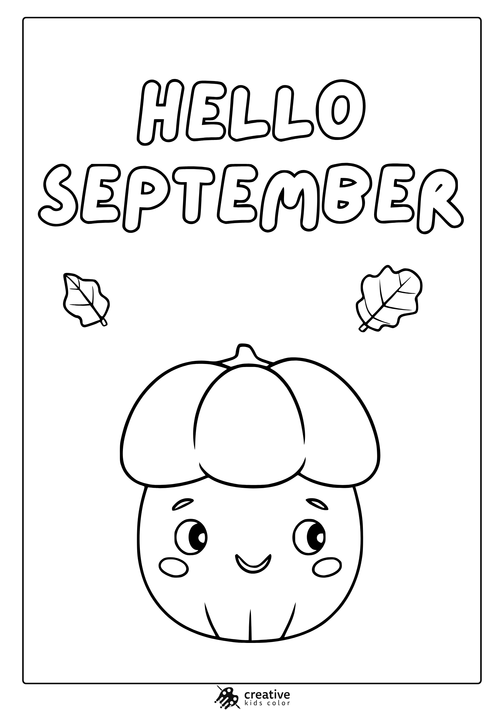Hello September Pumpkin Coloring Page With Smiling Pumpkin Character And Small Autumn Leaves In Line Art.