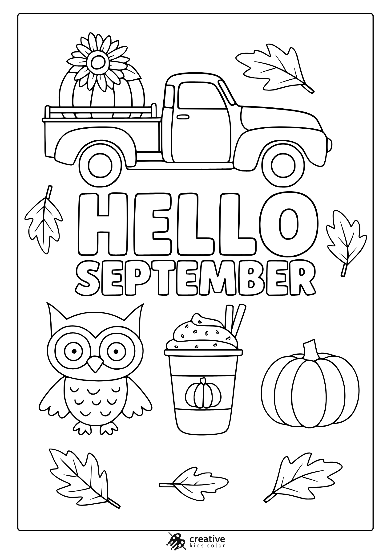 Hello September Coloring Page With Truck, Sunflower, Owl, Pumpkin Spice Latte, And Pumpkin In Line Art.