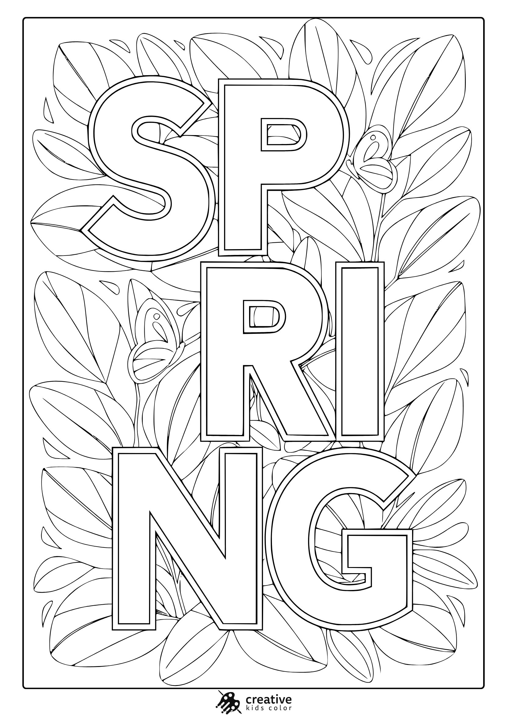 A spring-themed coloring page featuring the word "SPRING" with intricate leaf and butterfly designs, perfect for coloring fun.