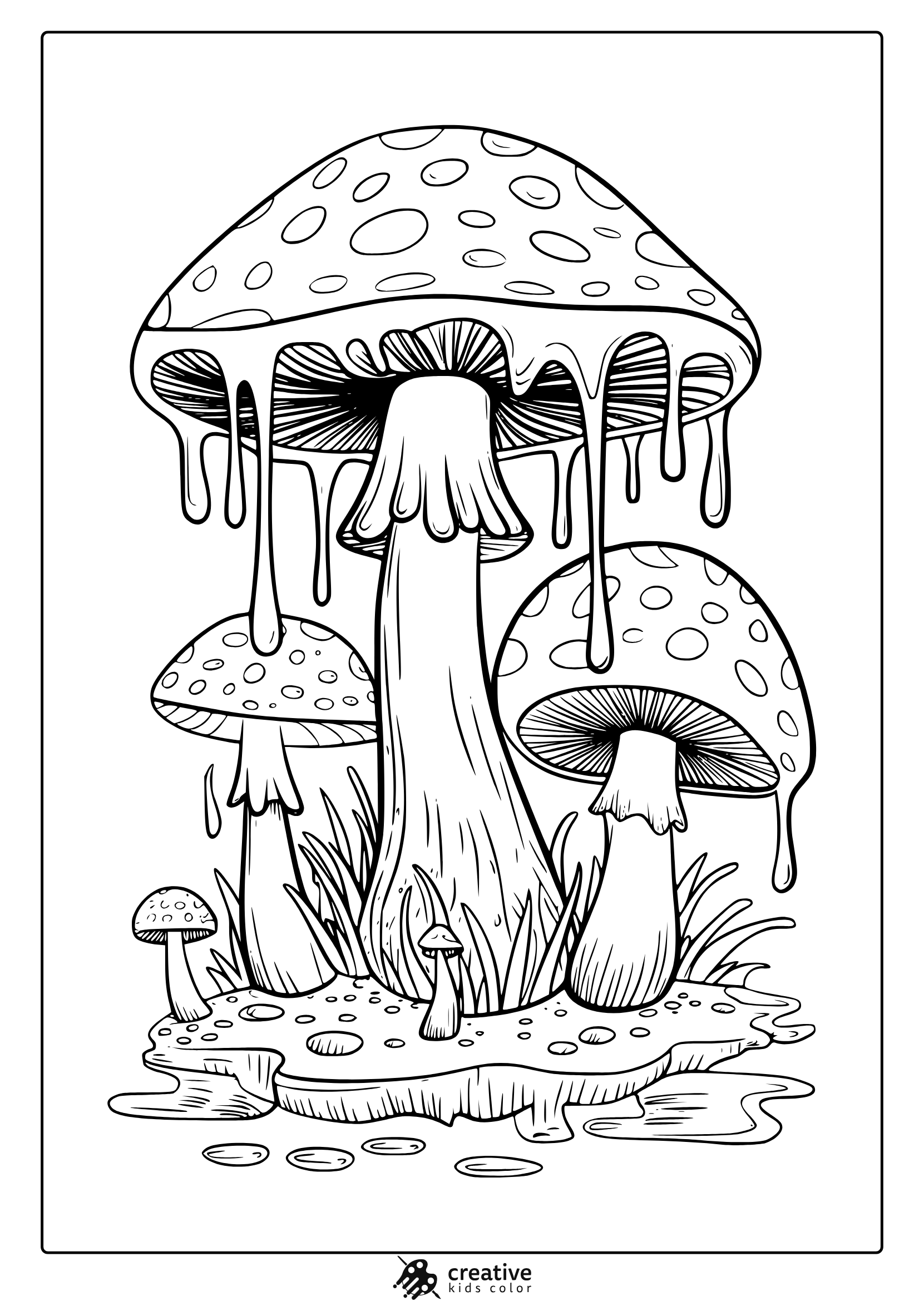 Textured Mushrooms With Droplets On Grassy Ground Captured In This Hippie Mushroom Coloring Page.