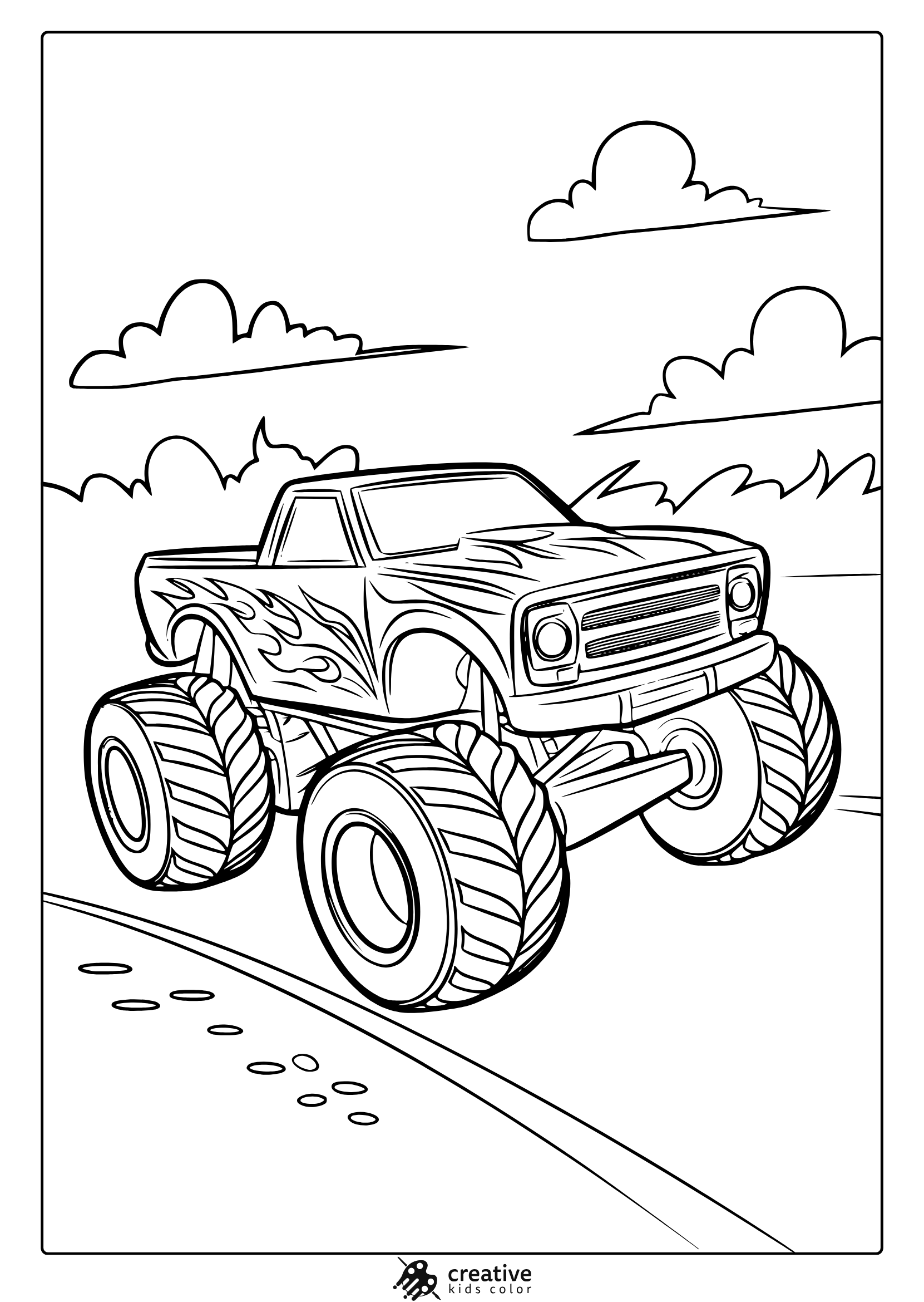 Hot Wheels Monster Truck With Flame Pattern On A Curving Road, Energetic And Exciting Coloring Page.