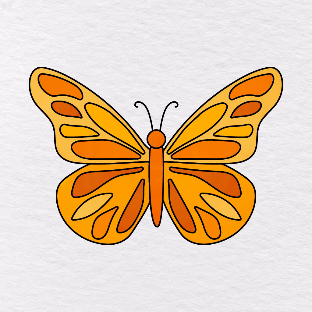 Step 13 Showing The Finished Butterfly Colored Yellow And Orange With Black Outlines.