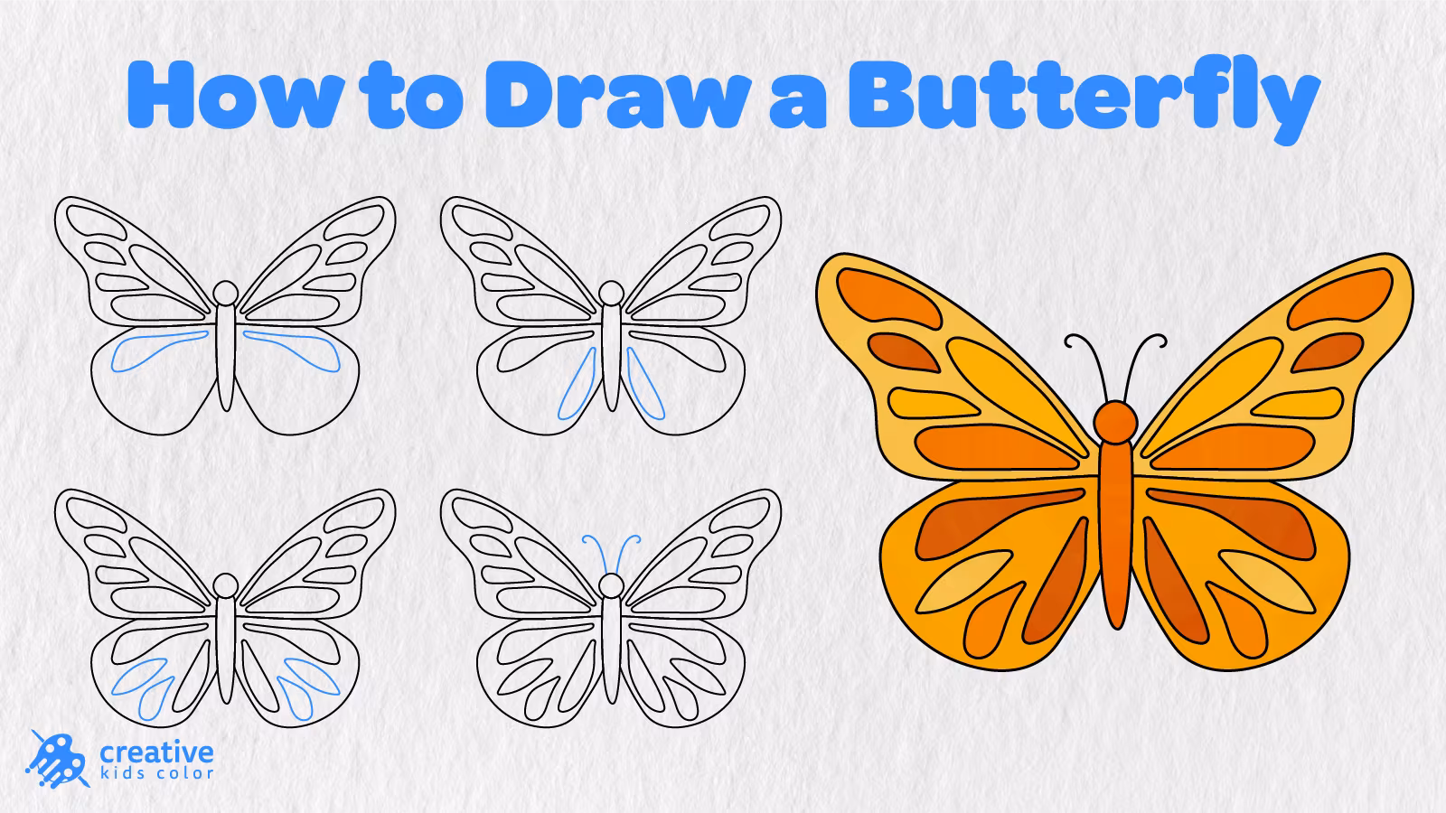 How To Draw A Butterfly Step By Step In 13 Easy Stages With A Finished Yellow And Orange Butterfly.