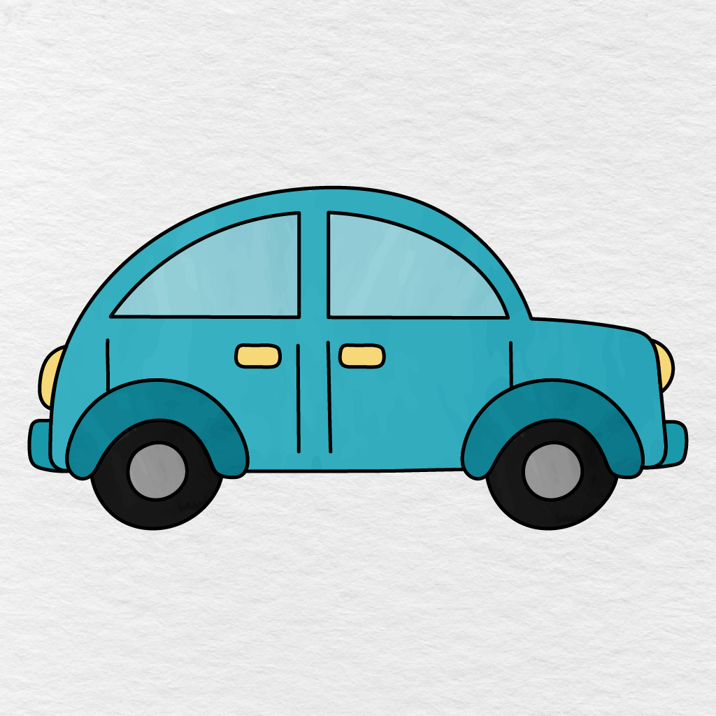 Step 11 Showing The Finished Car Colored Turquoise Blue With Black Tires And Yellow Lights.